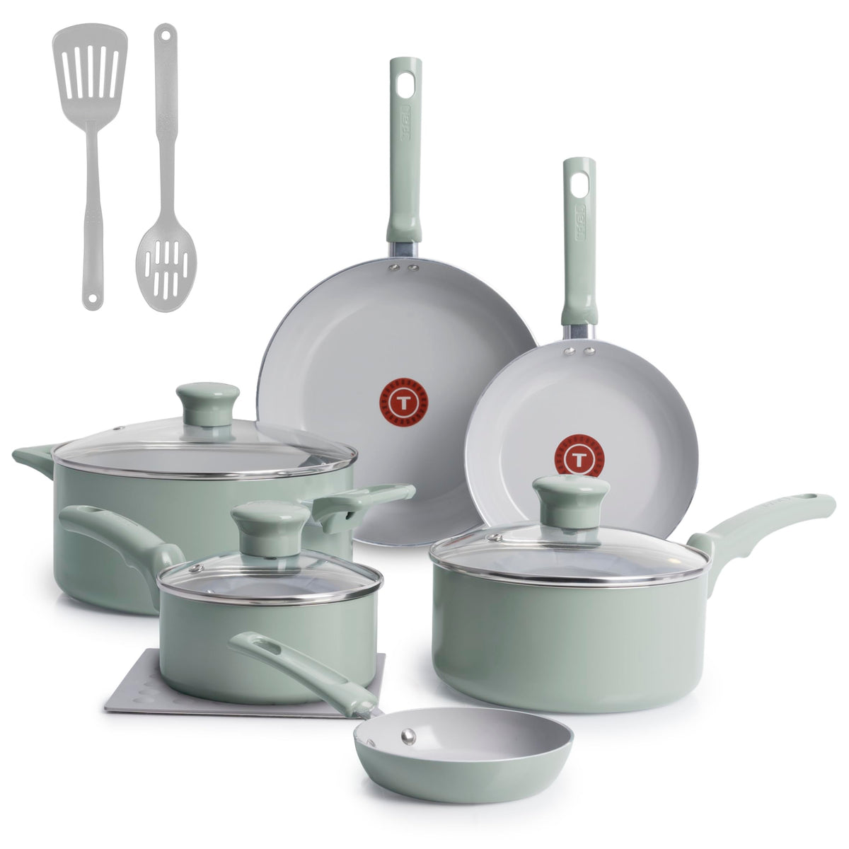 T-Fal Refresh Ceramic Nonstick Cookware Set, 12-Piece, Mint Green