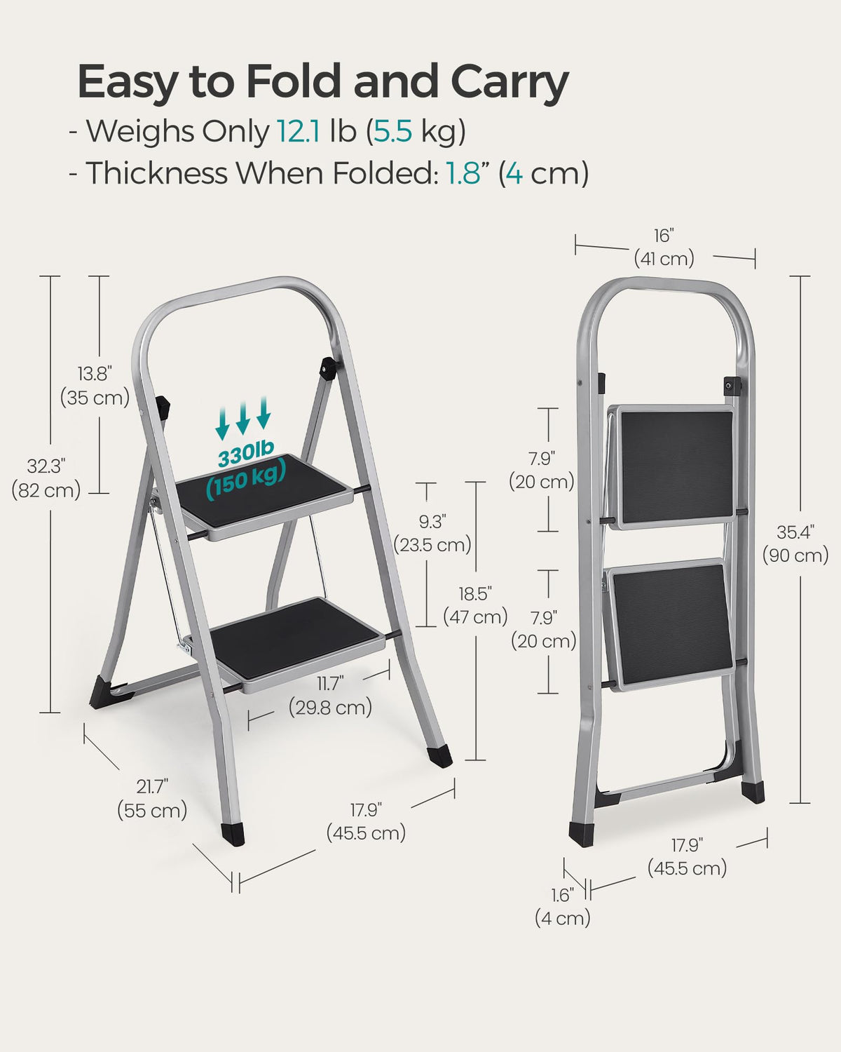 SONGMICS 2-Step Folding Step Ladder, Dove Gray, UGSL012G01
