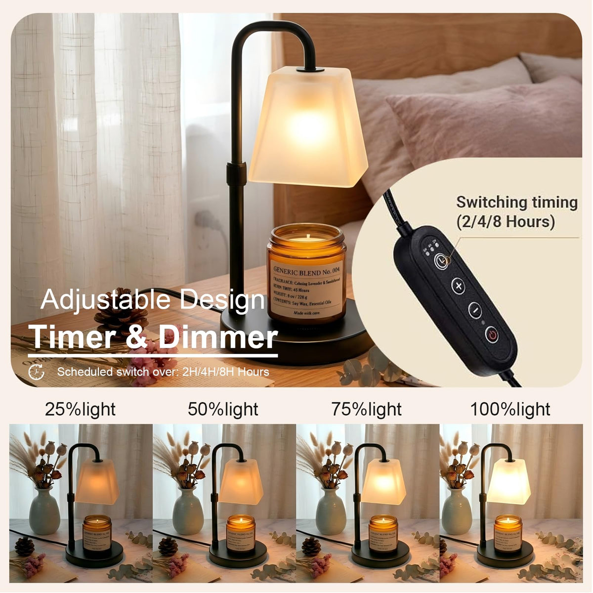 Jimei Candle Warmer Lamp with Timer, Dimmable, Frosted Glass Black