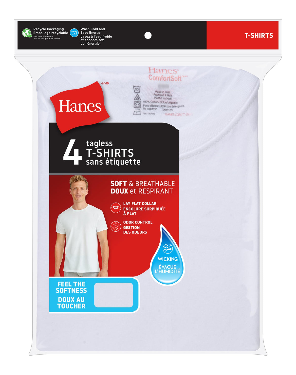 Hanes Men's ComfortSoft Crewneck Undershirts, 4-Pack, White, L