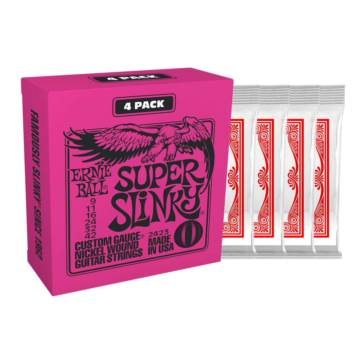 Ernie Ball Super Slinky Electric Guitar Strings, 9-42, 4 Pack