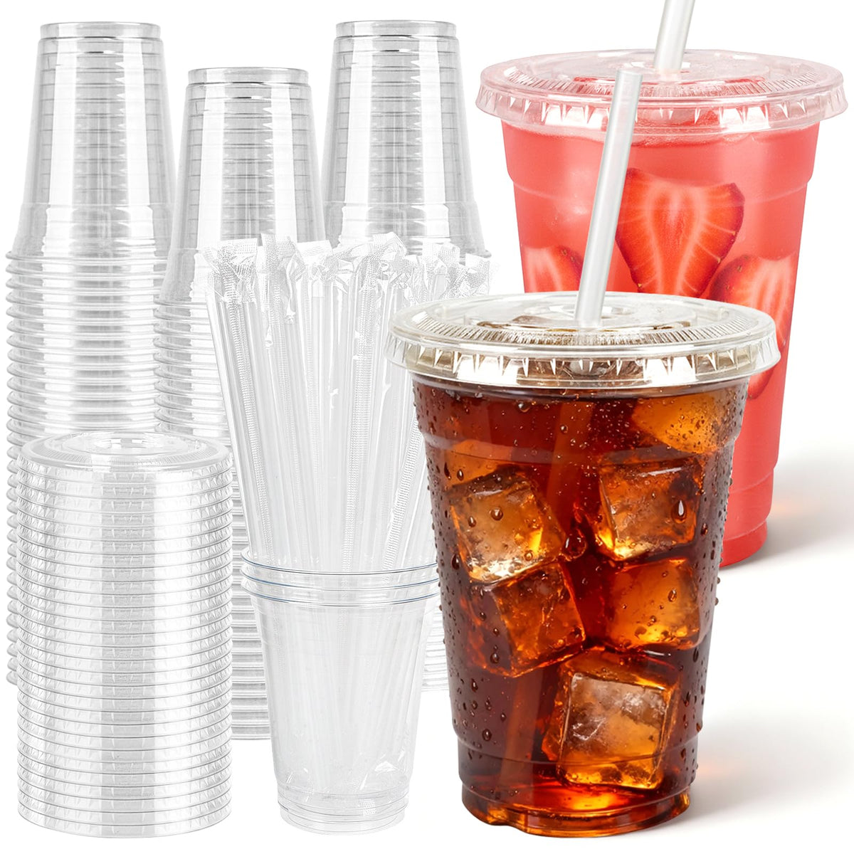 Clear Plastic Cups with Flat Lids and Straws, 12 oz, 100 Pcs