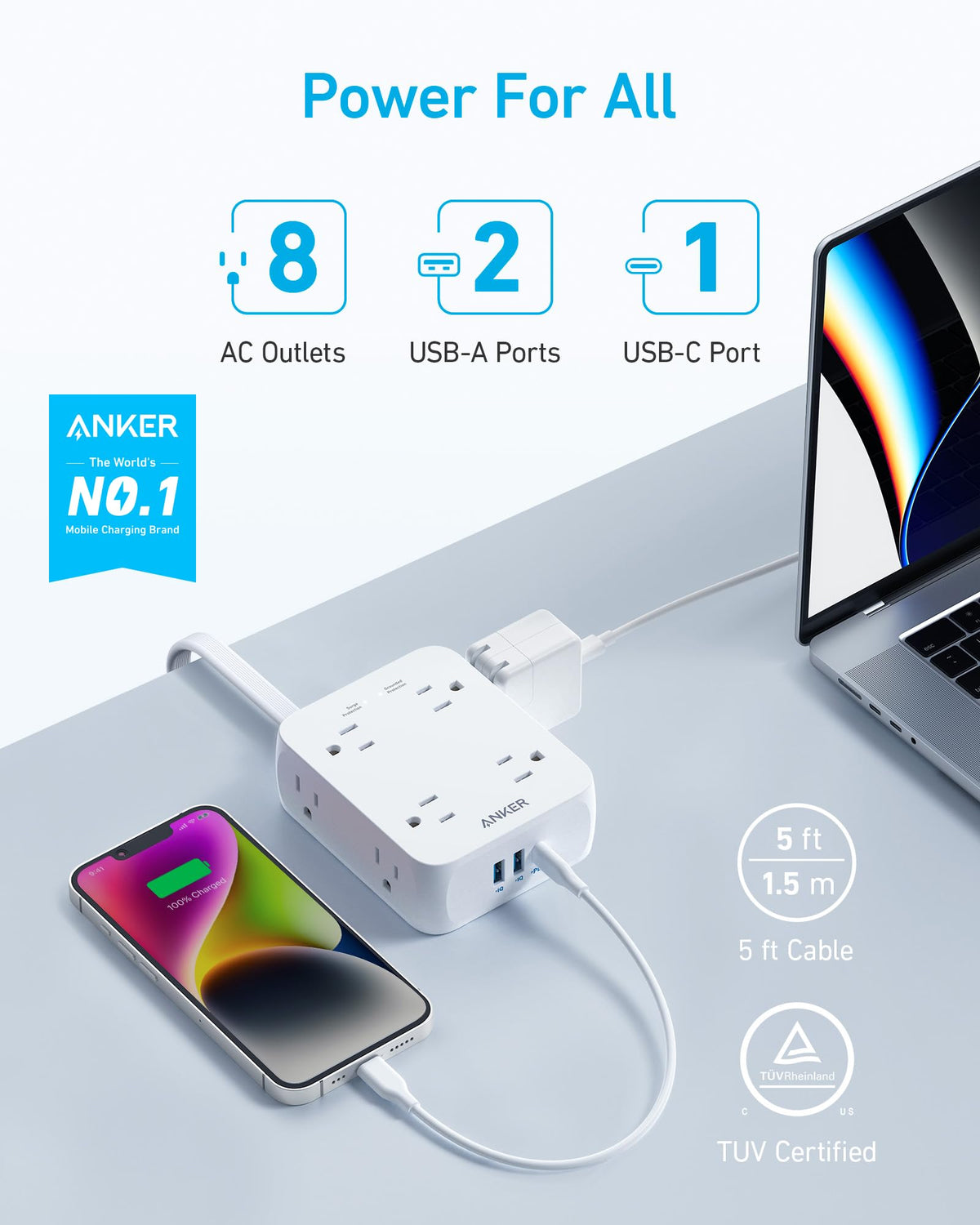 Anker Surge Protector Power Strip, 2000J, 5 ft, 8 Outlets, White