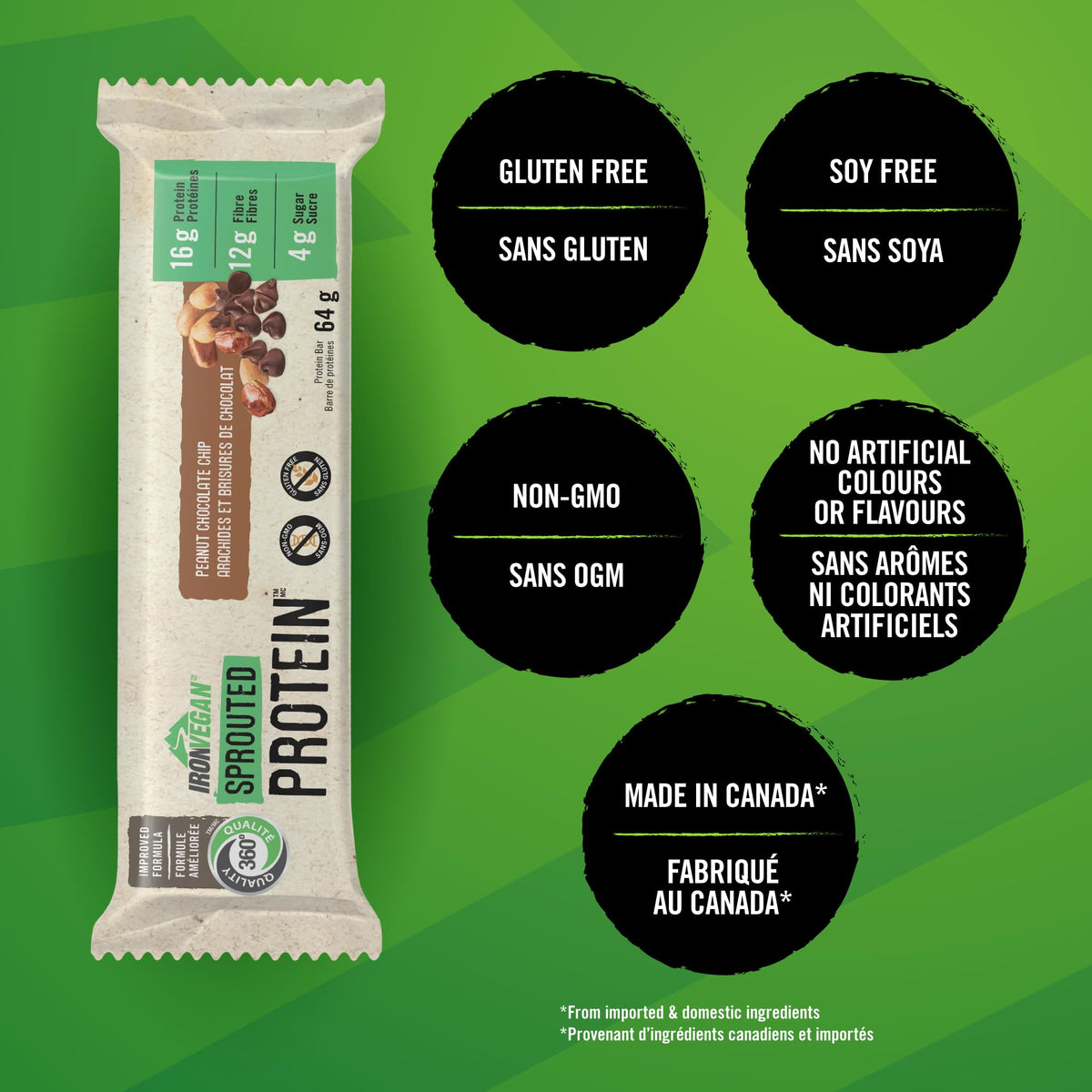 Iron Vegan Sprouted Protein Bars, Peanut Chocolate Chip, 12 Pack
