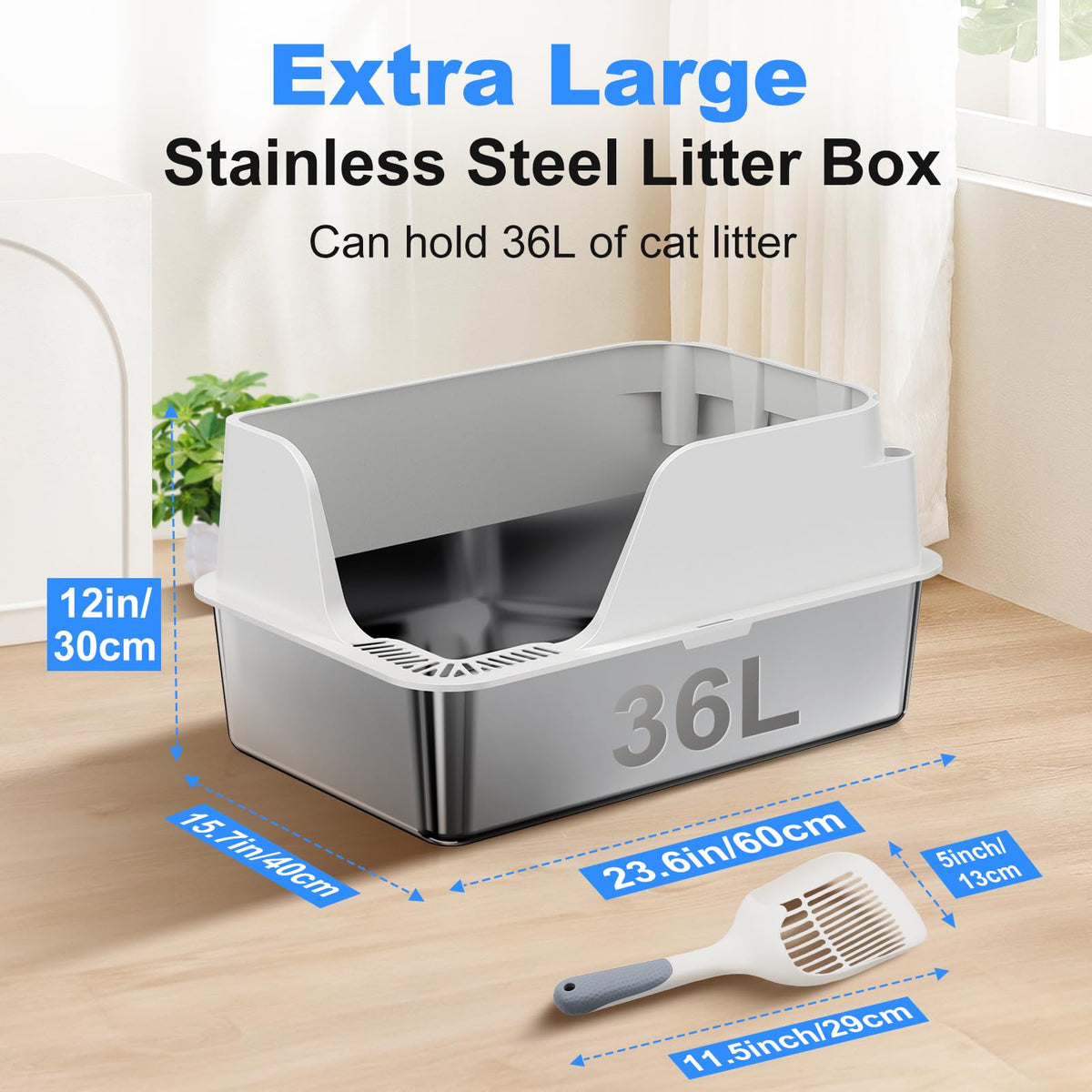 Stainless Steel XL Cat Litter Box with Lid, White
