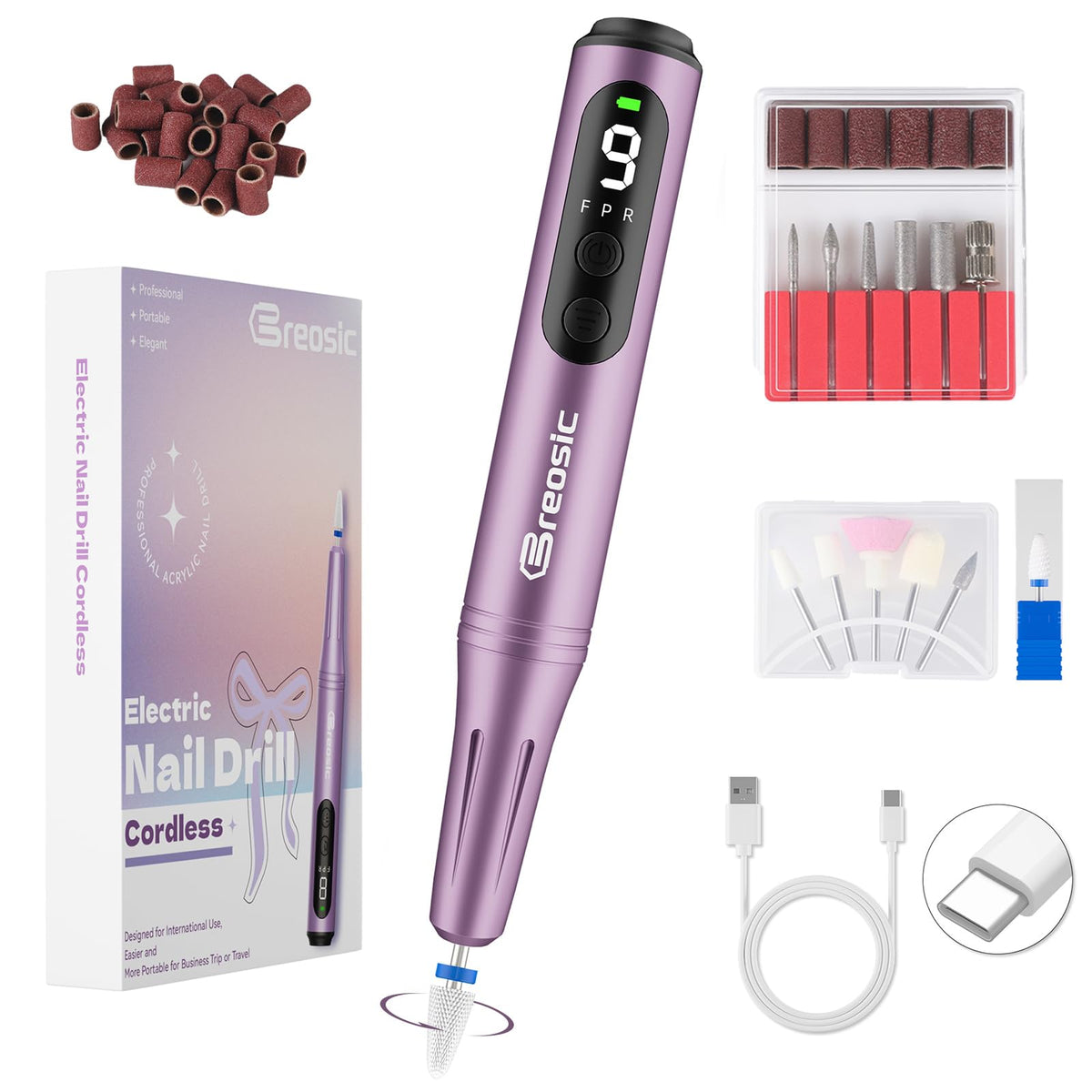 Breosic Electric Nail Drill 35000RPM, 12-in-1, Purple