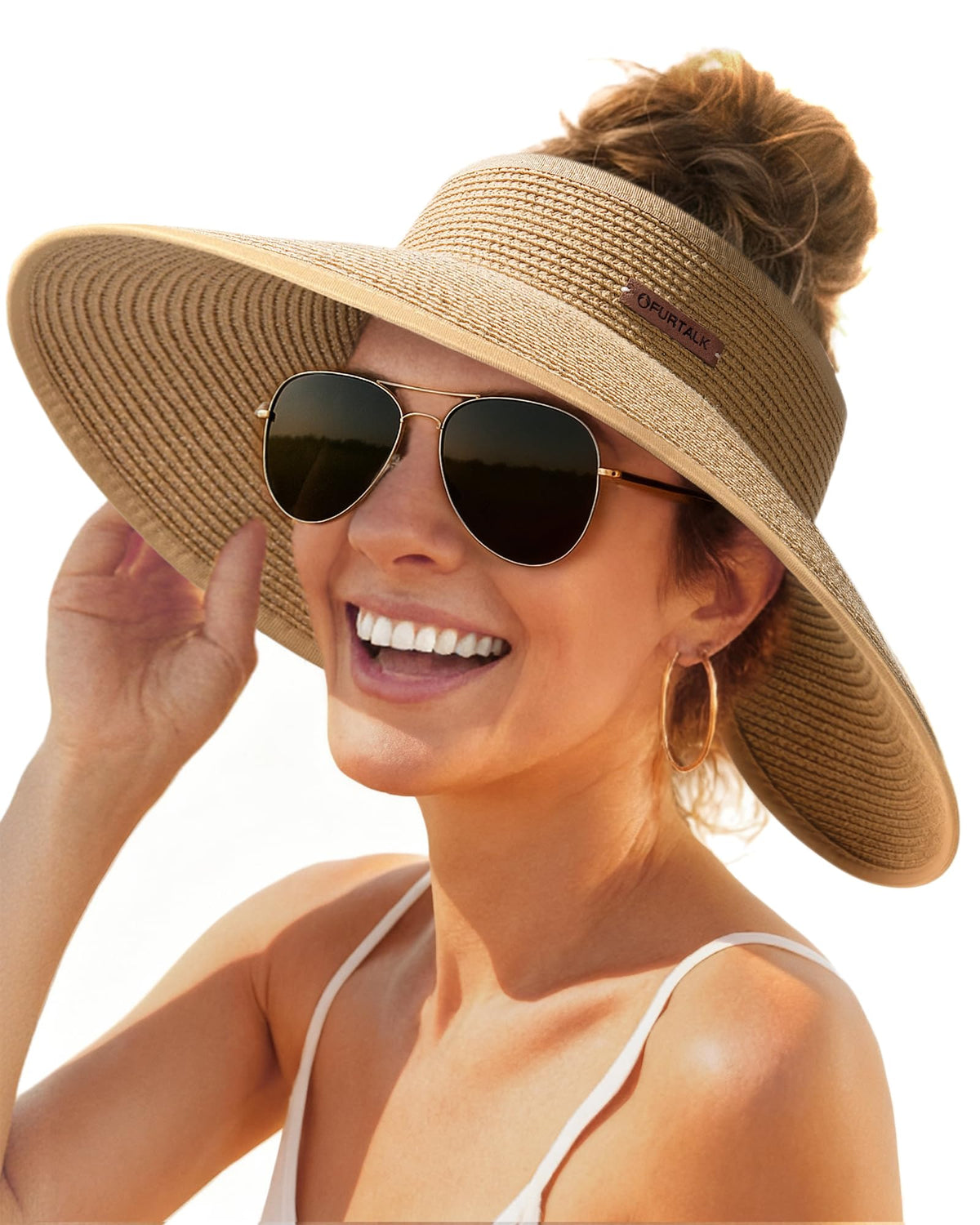 Furtalk Women's Wide Brim Straw Sun Visor Hat, UPF 50, Foldable