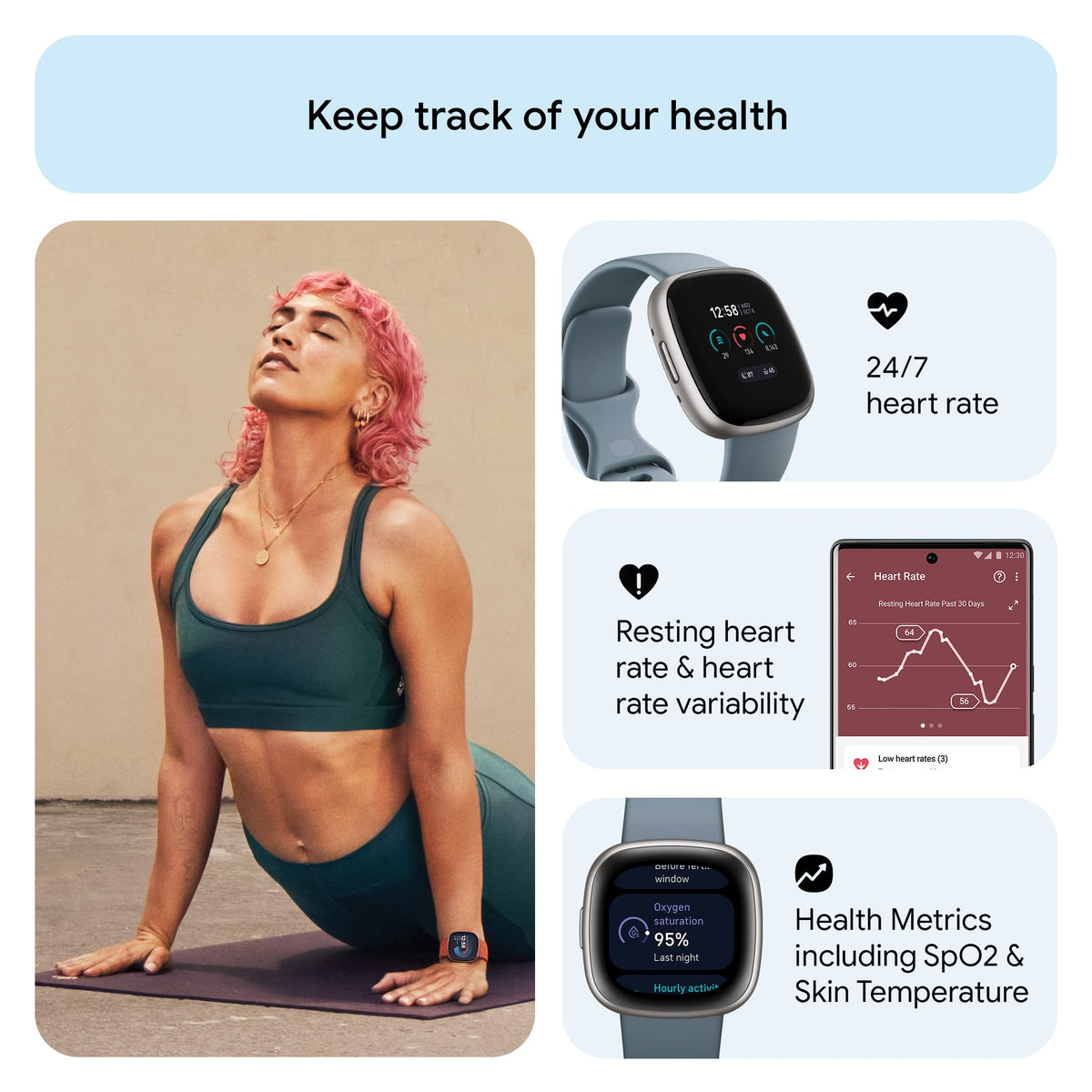 Google Fitbit Versa 4 Fitness Smartwatch, Waterfall Blue/Platinum