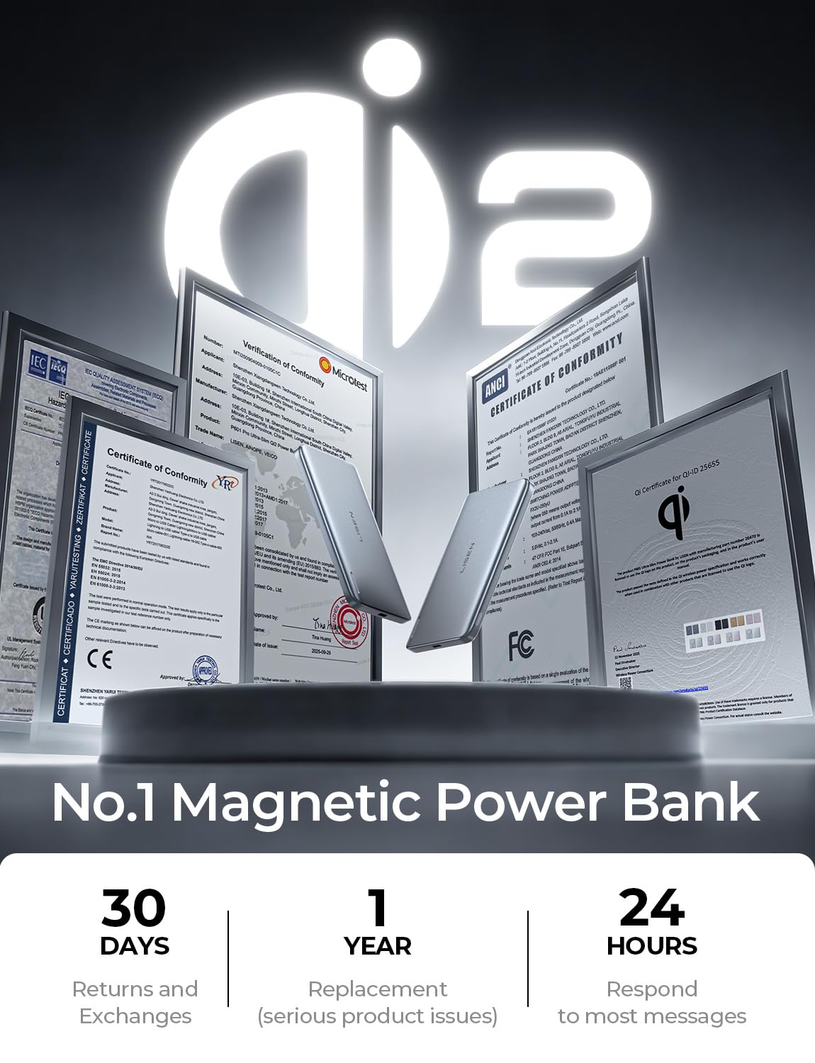 LISEN Qi2 Magnetic Power Bank, 5000mAh, Elephant Gray