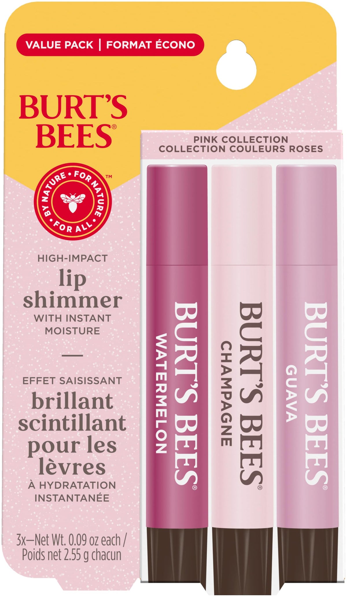 Burt's Bees Lip Shimmer, Champagne, Watermelon, Guava, 3 Pack