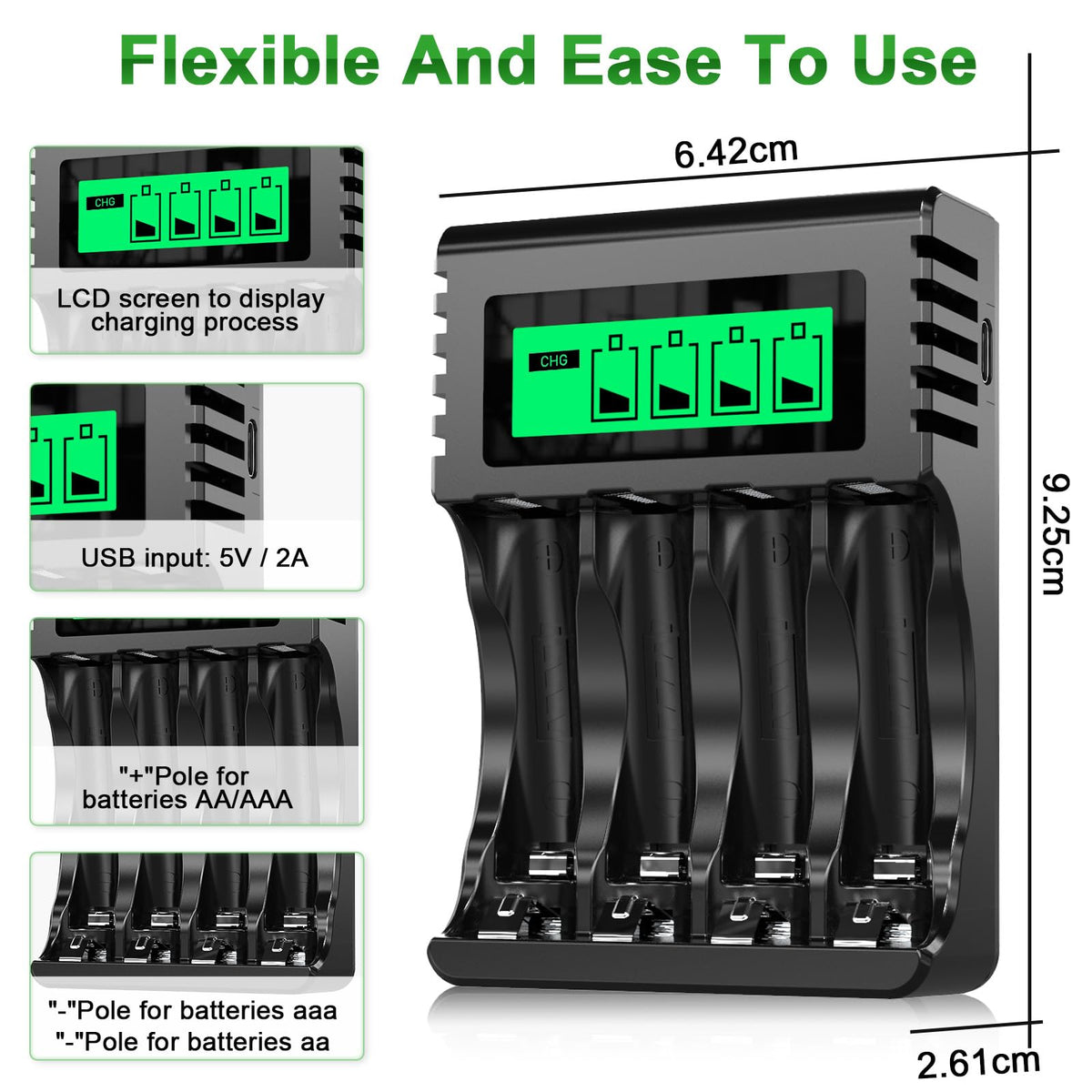 POWEROWL AA AAA Rechargeable Battery Charger, 4 Bay LCD