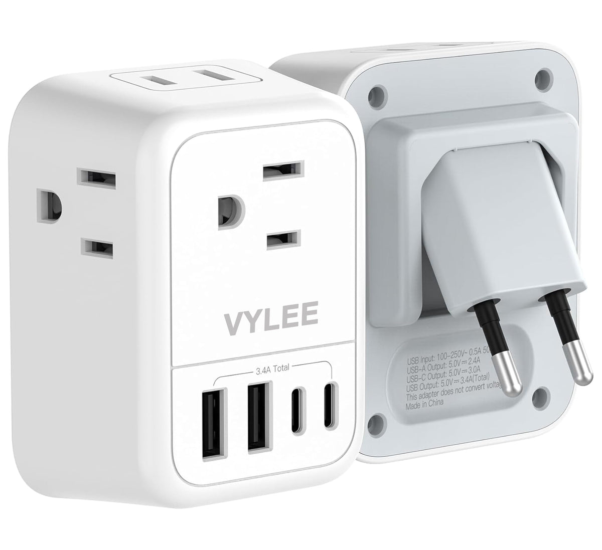 VYLEE Travel Plug Adapter, 4 AC Outlets, 4 USB Ports, Type C, 1 Pack