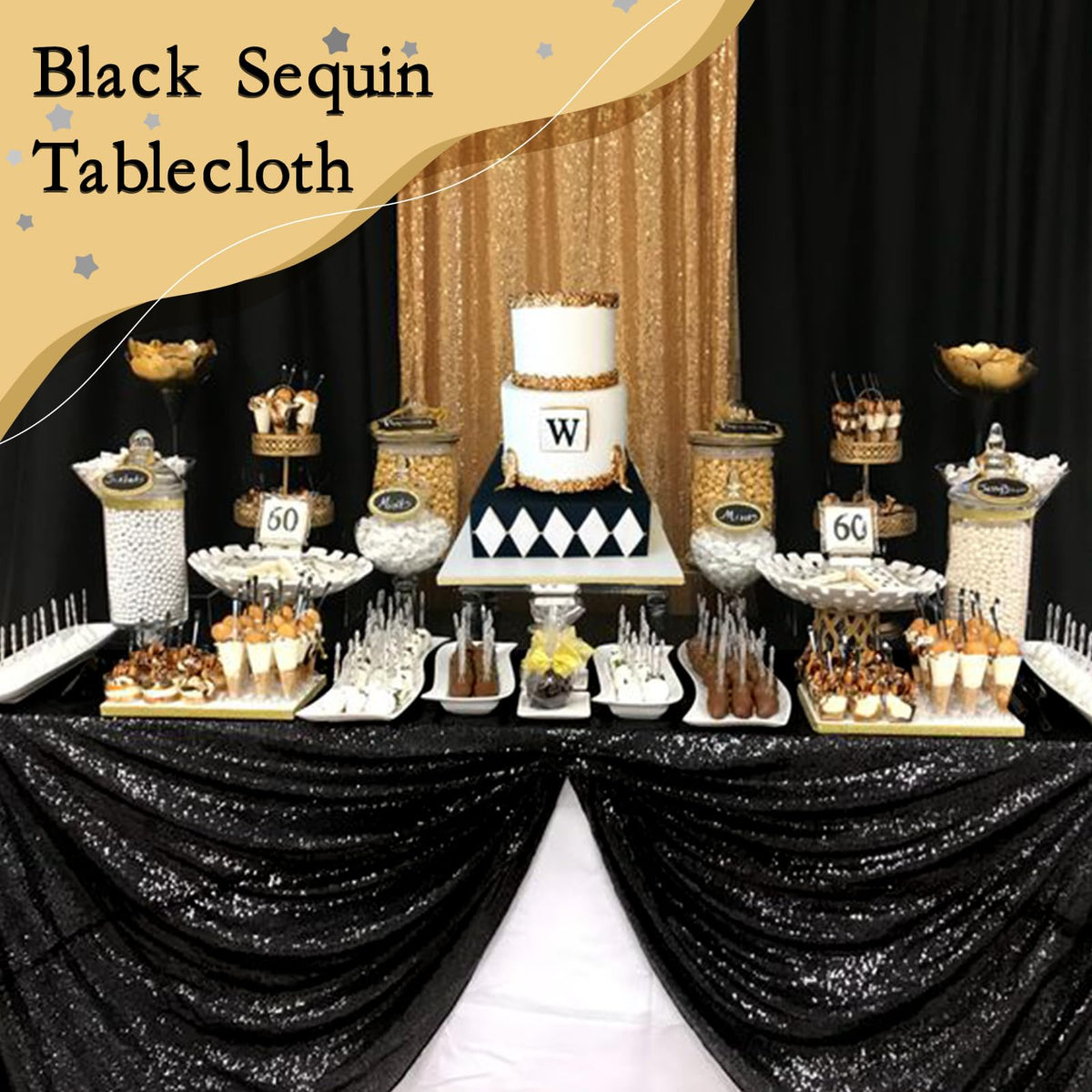 SoarDream Black Sequin Tablecloth, 90x132 Inch