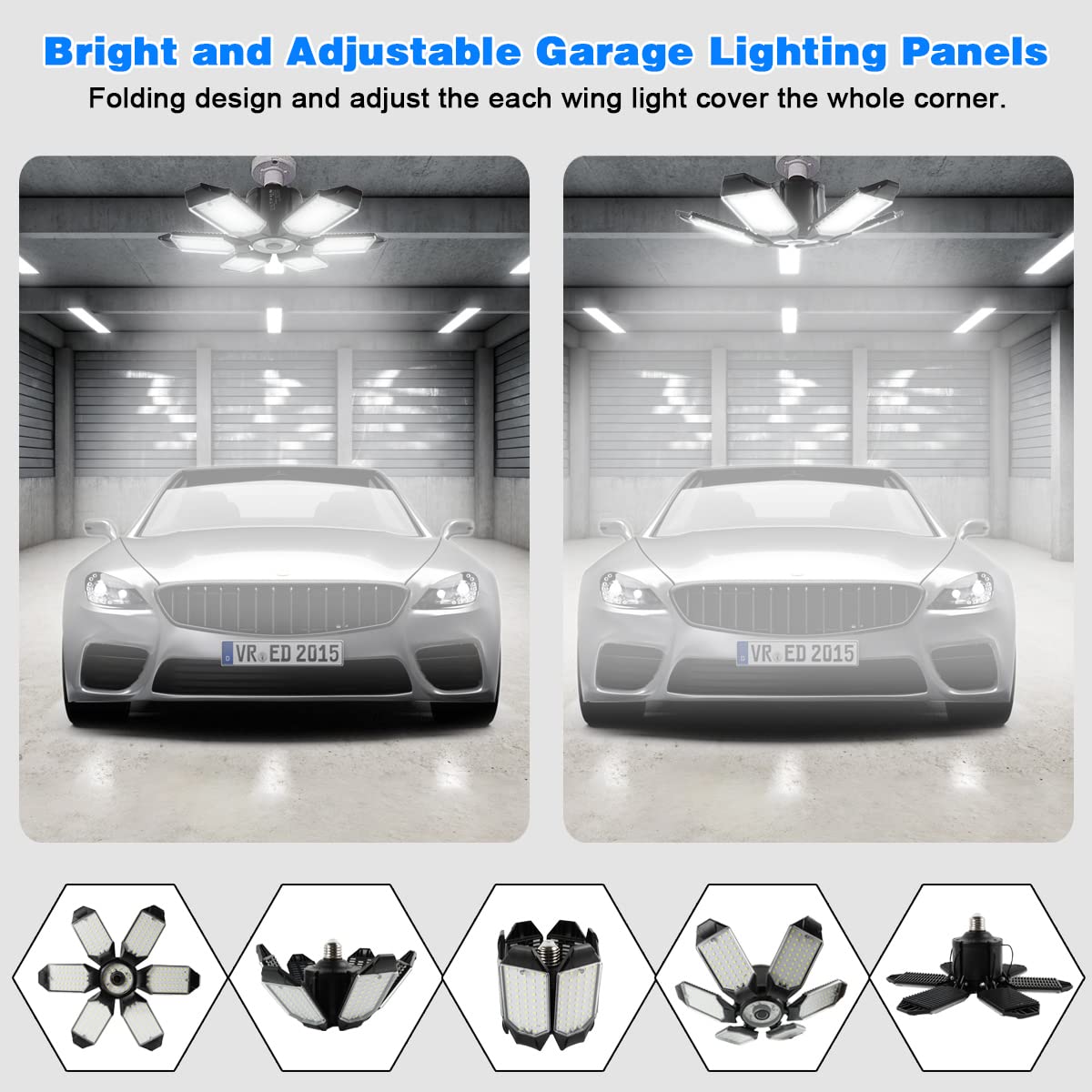 POLARPRA LED Garage Ceiling Lights with 6 Panels, 2-Pack