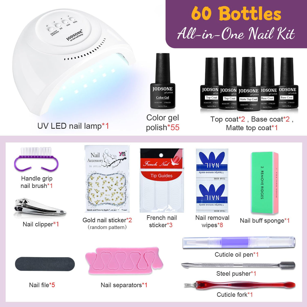 Jodsone Gel Nail Polish Kit, 60 Pieces, with Base and Top Coat