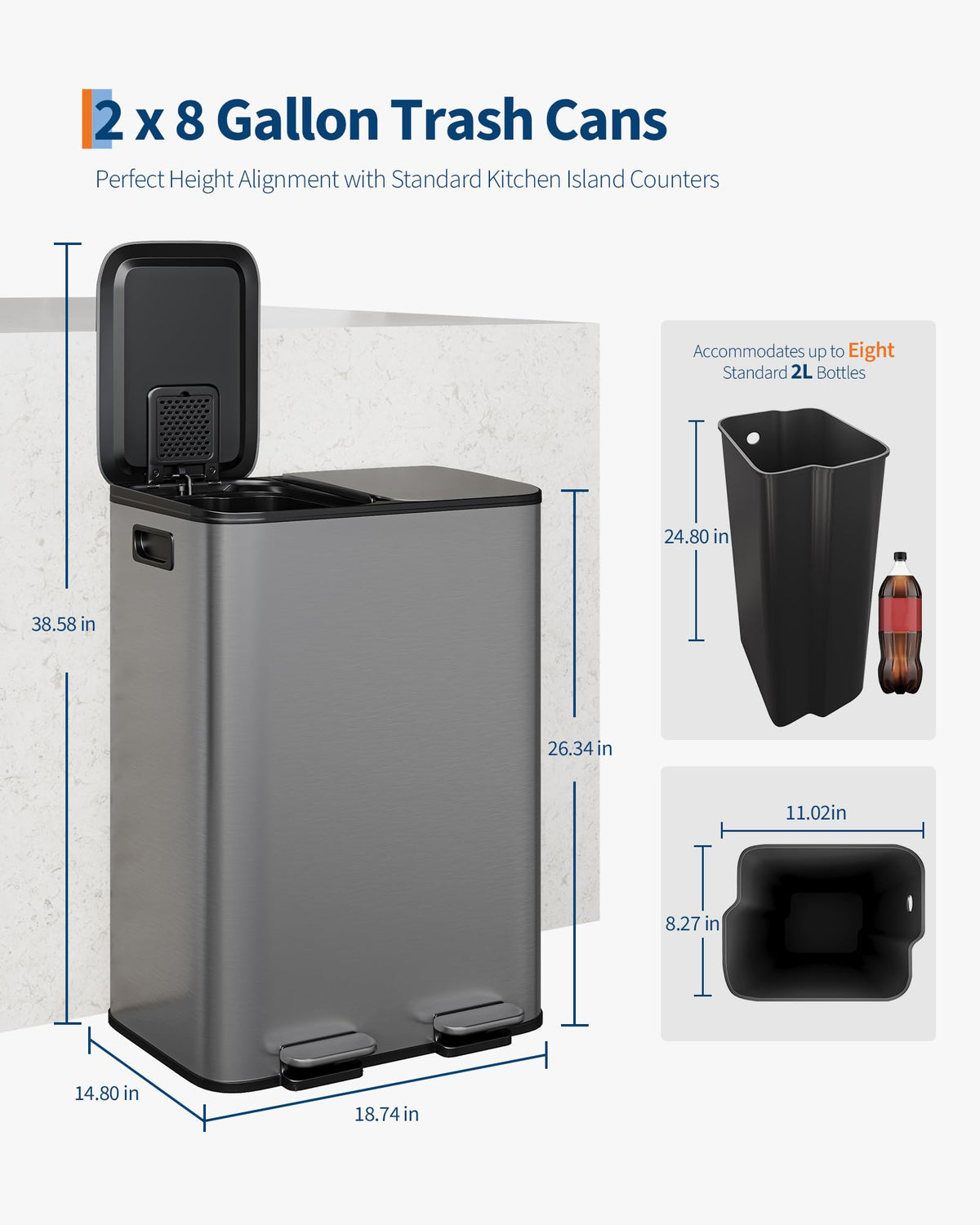 GarveeHome Double Stainless Steel Trash Can, 2 x 8 Gallon, Grey
