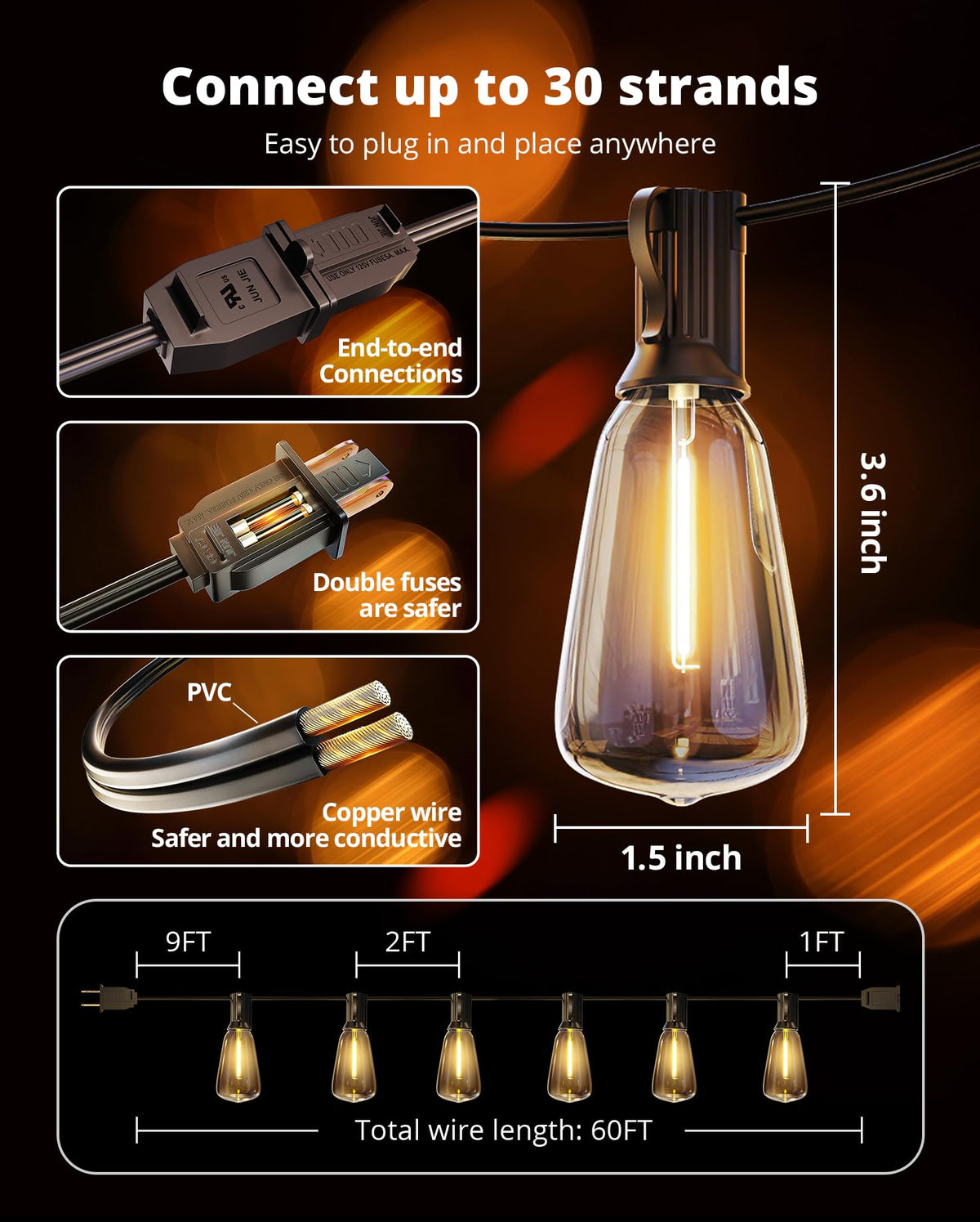 VIPAR Outdoor String Lights, 60FT, 28 ST38 Edison Bulbs, 2700K