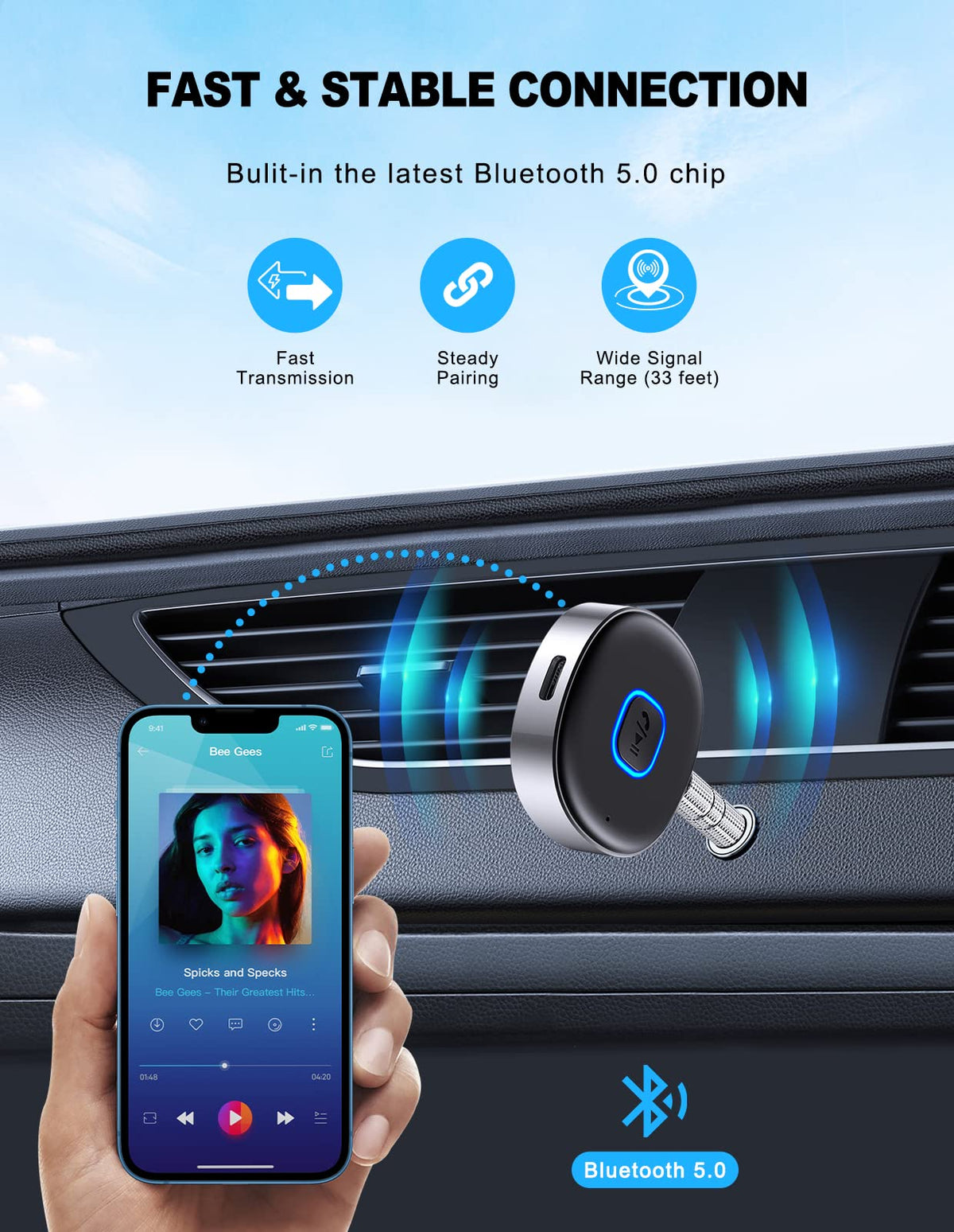 WOCBUY Bluetooth Adapter for Car, 3.5 mm AUX, Bluetooth 5.0