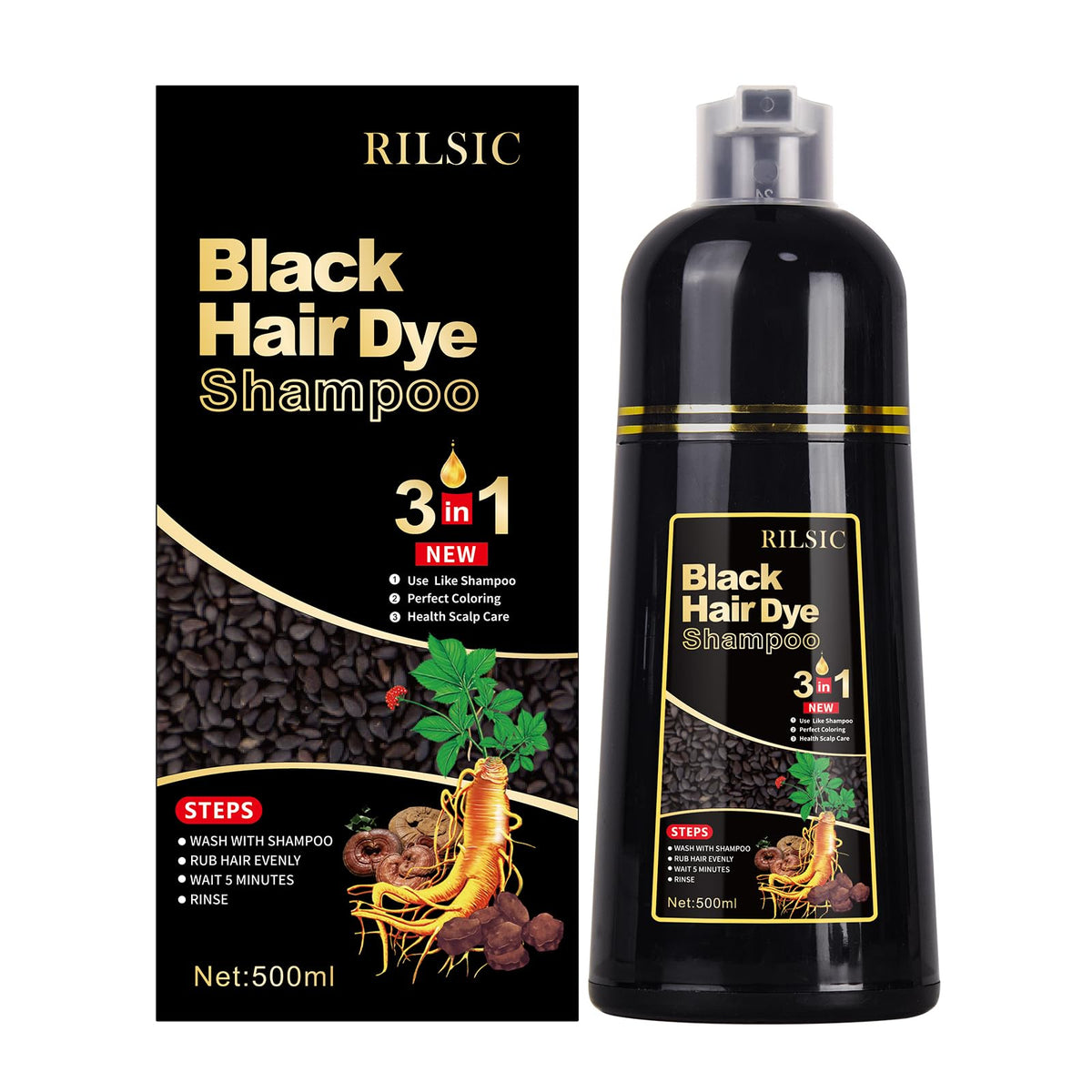 Hair Color Shampoo 3-in-1 for Grey Hair, Natural Black, 500ML