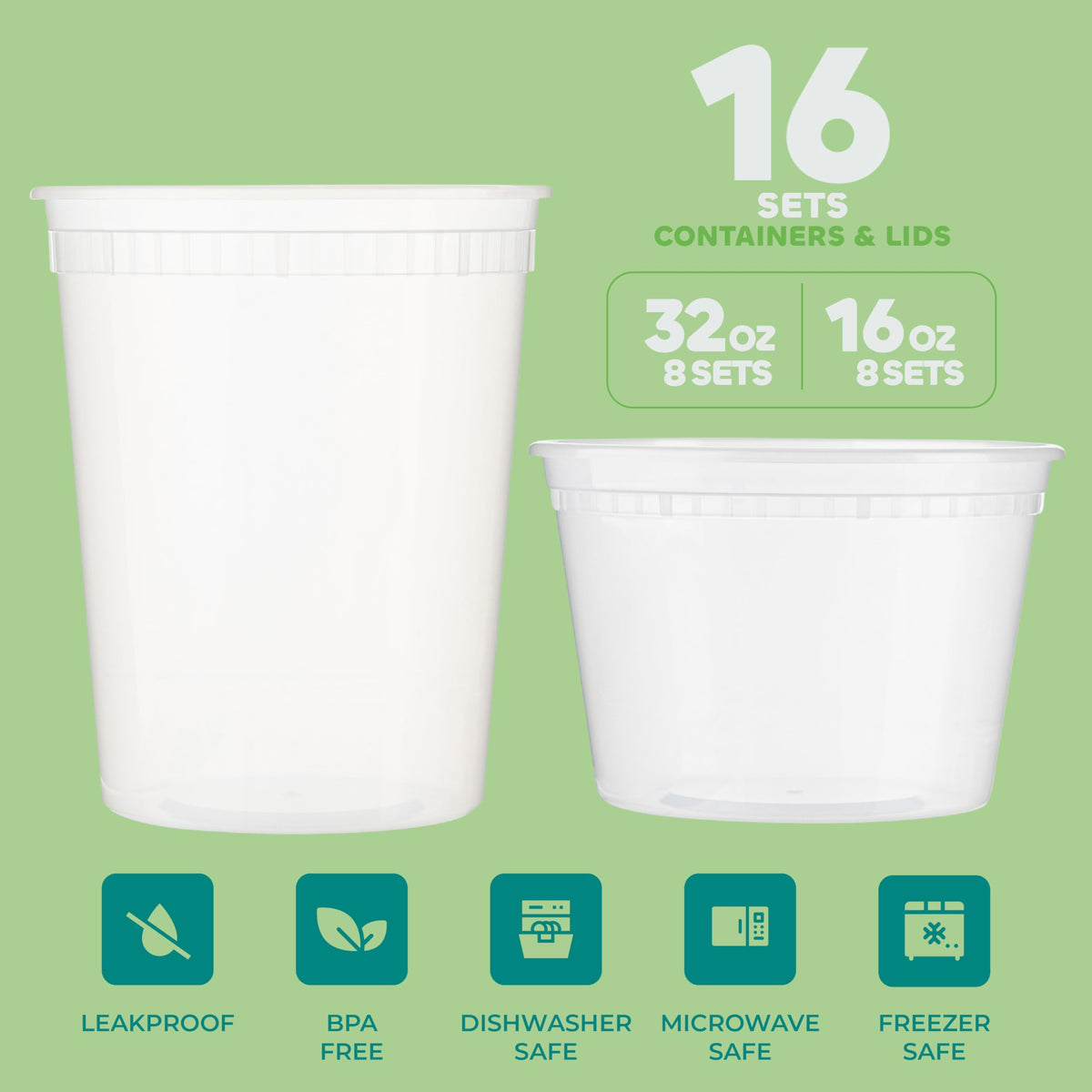 Deli Food Containers with Lids, 16 Sets, 8-32 Oz