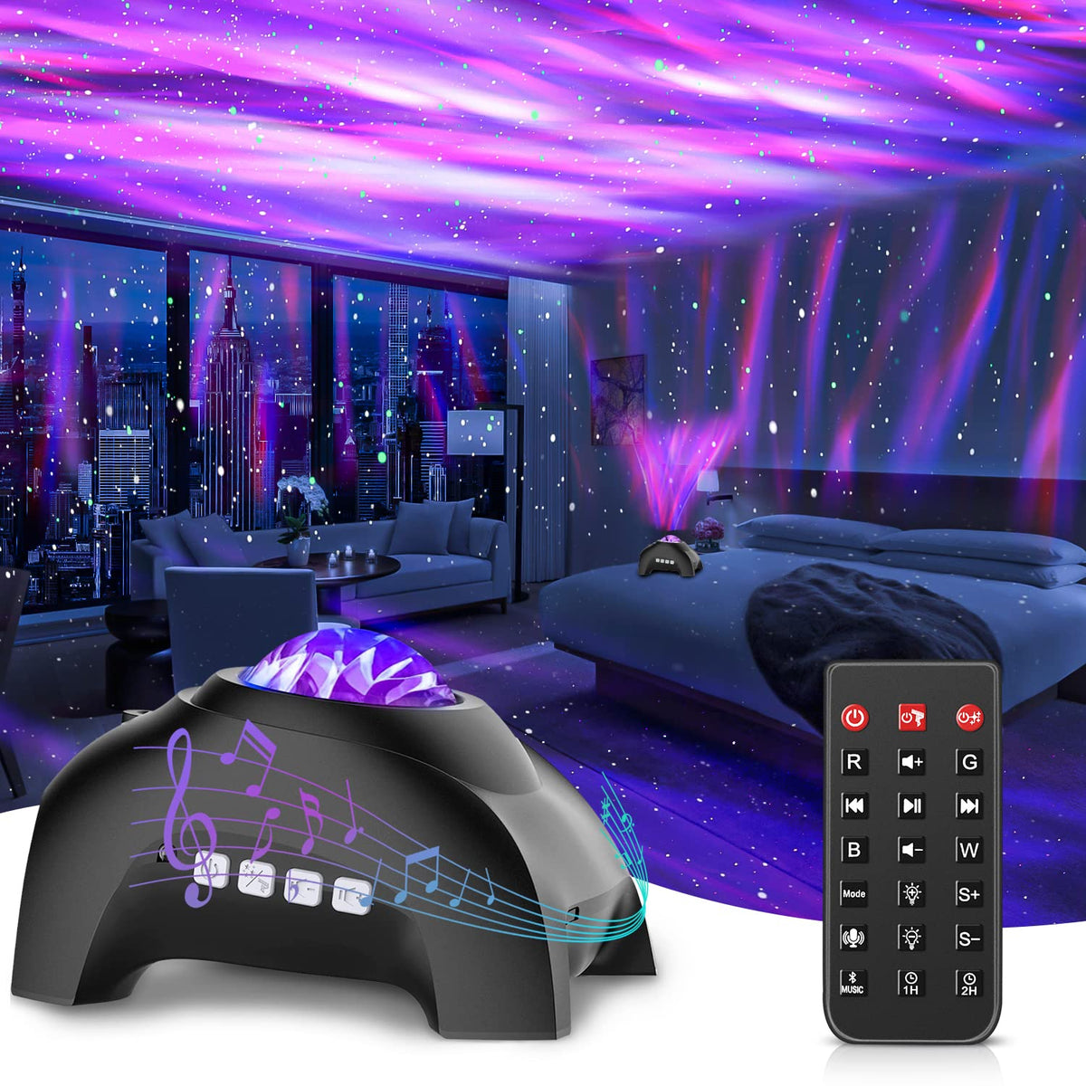 CIMELR Northern Lights Star Projector with Bluetooth Speaker, Black