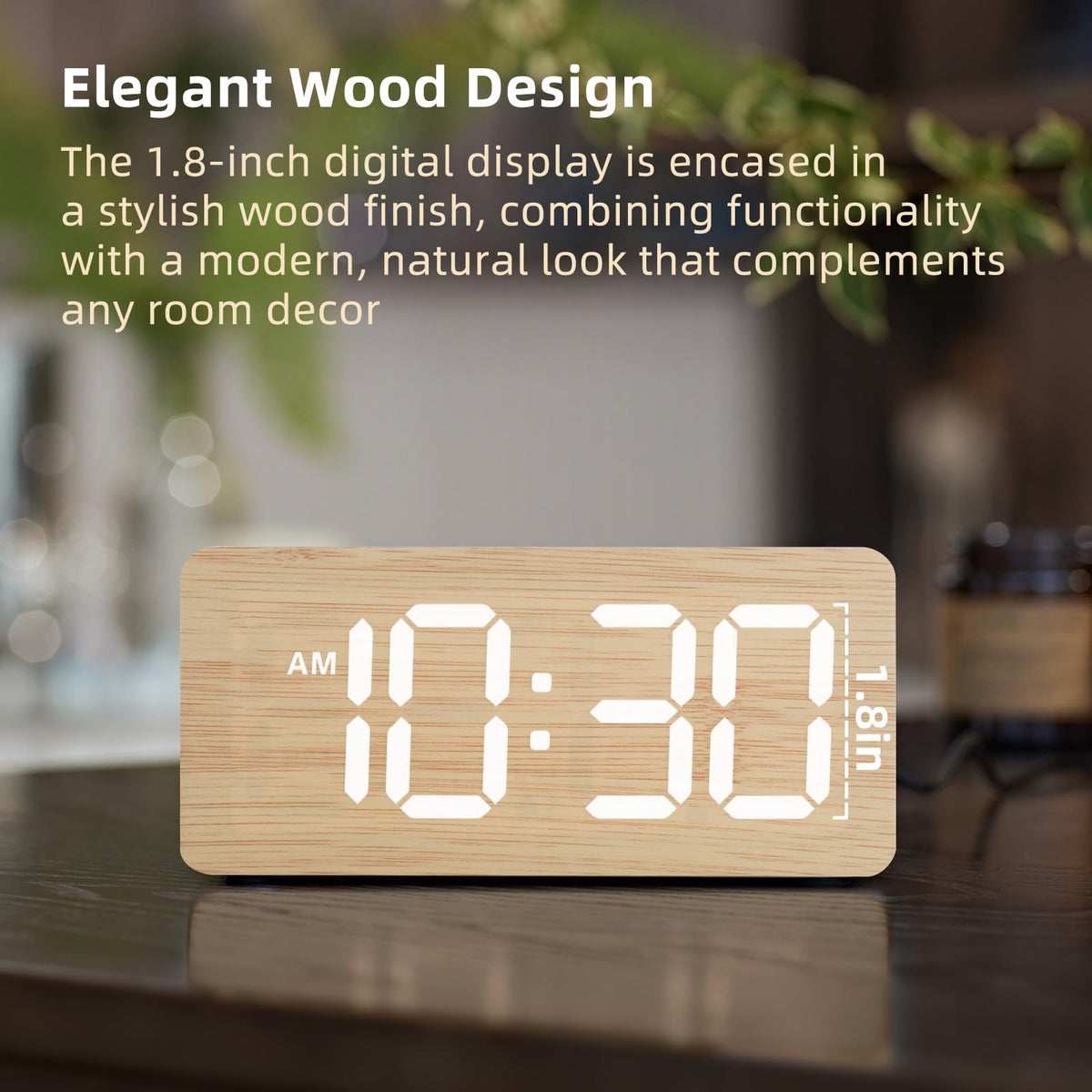 Wooden Digital Alarm Clock with Dual Alarms, Bamboo