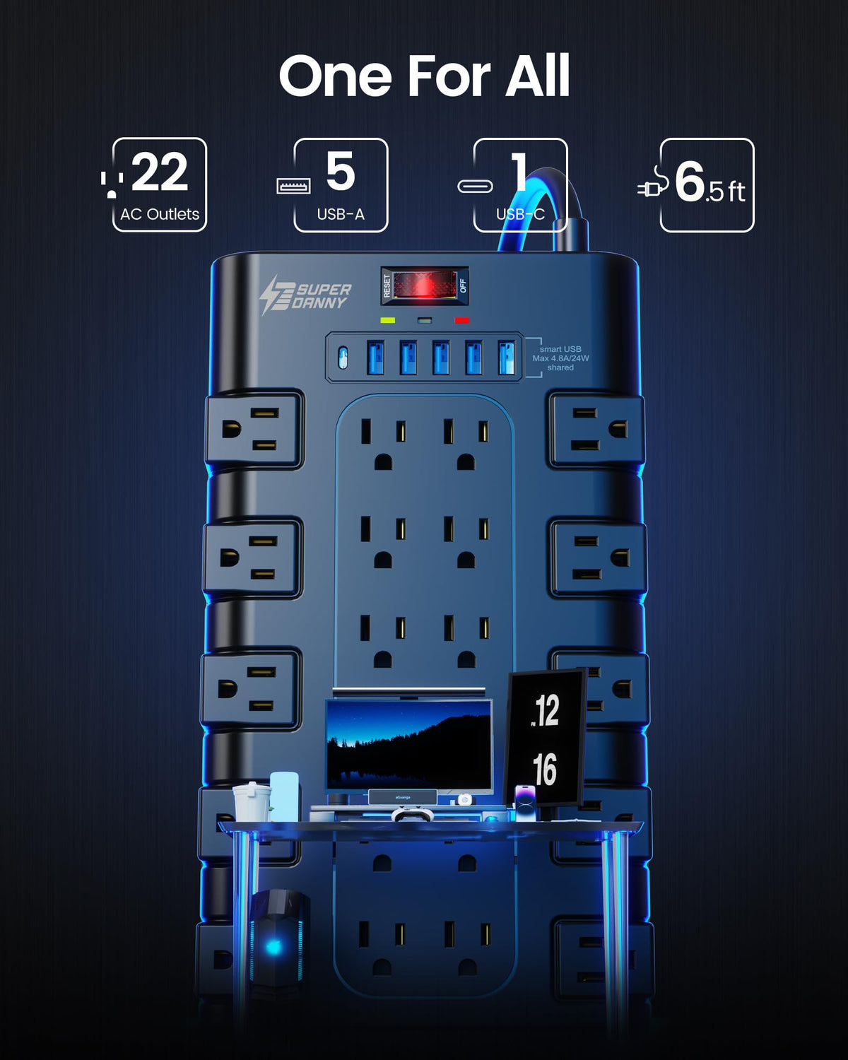 SUPERDANNY 22-Outlet Surge Protector Power Bar with 6 USB, Black