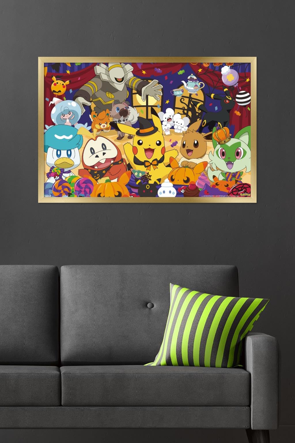 Pokémon Halloween Party Wall Poster, 34" x 22.4", Gold Framed