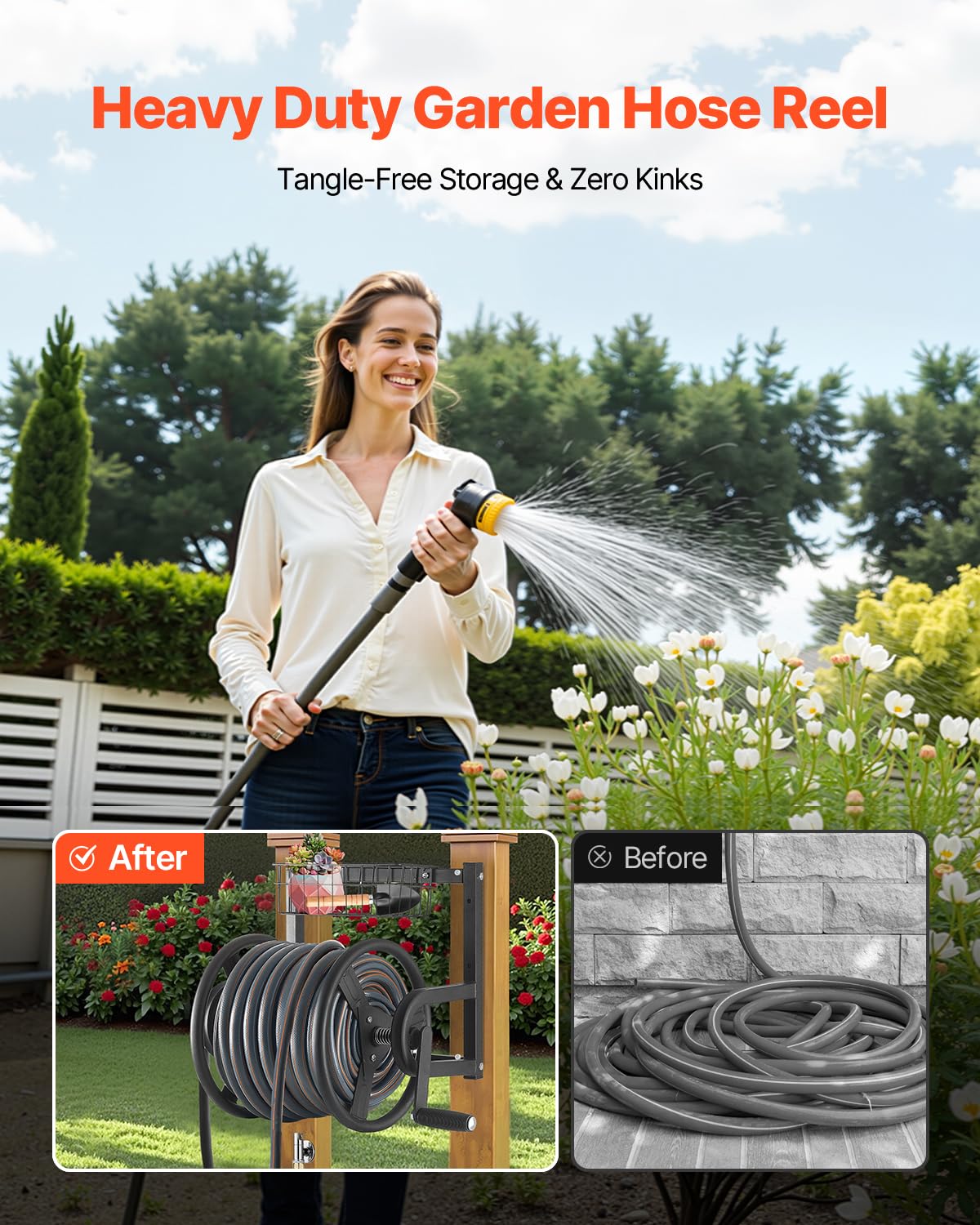 VEVOR Wall Mounted Garden Hose Reel, 125 ft x 5/8-Inch Hose