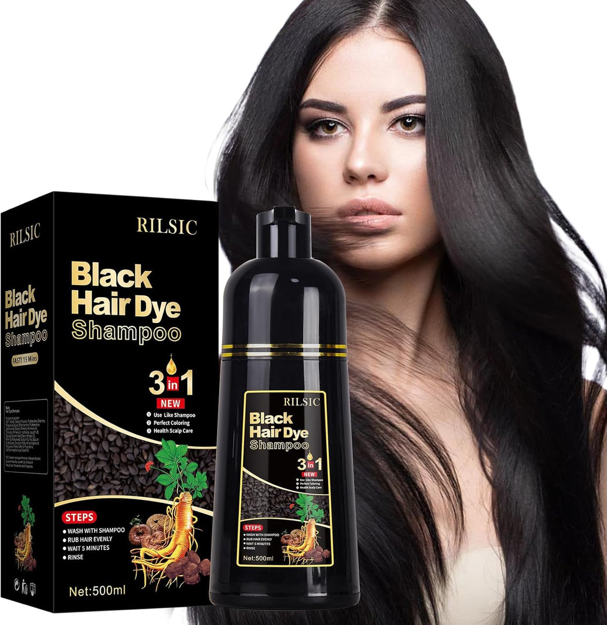 Hair Color Shampoo 3-in-1 for Grey Hair, Natural Black, 500ML