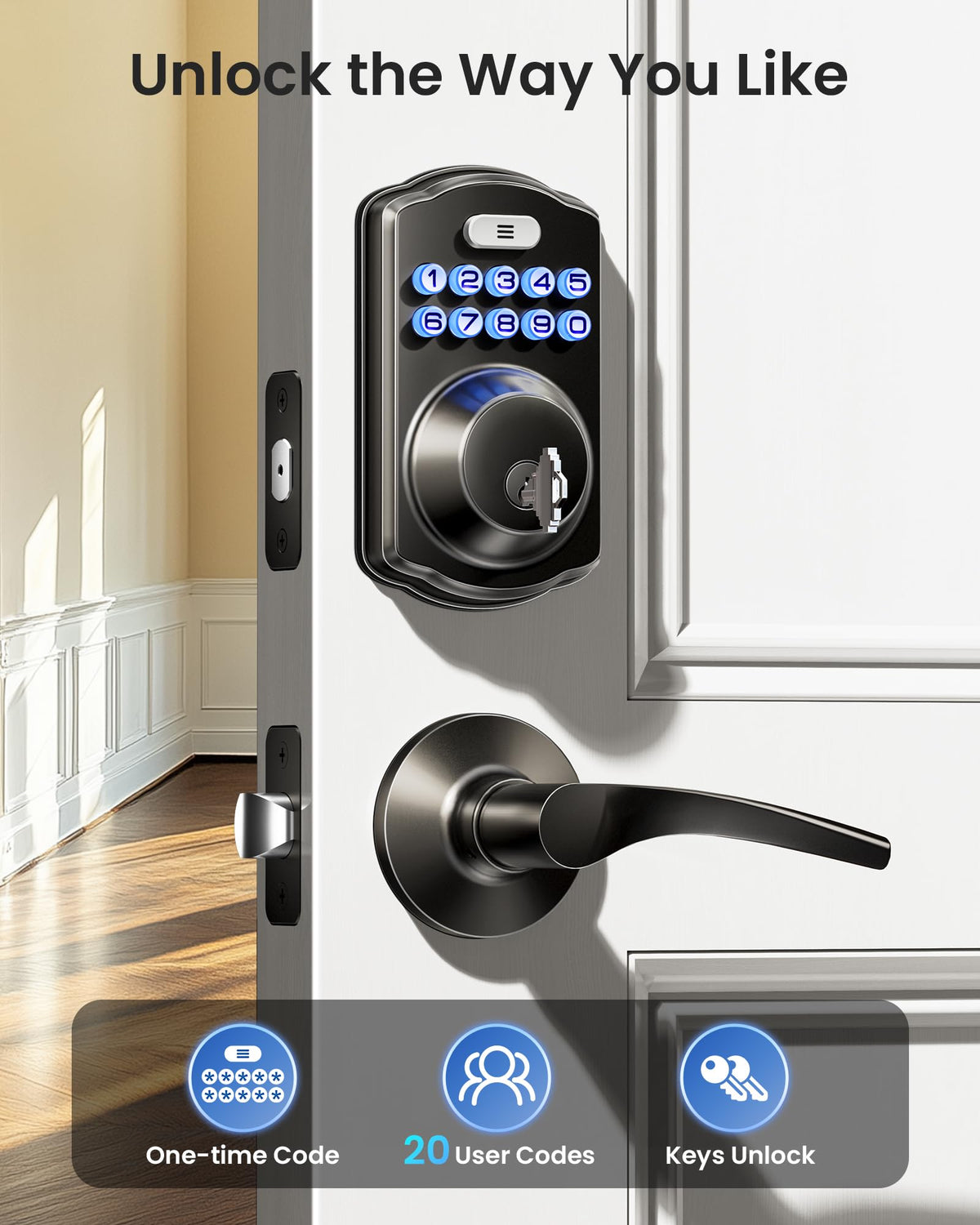 Veise KS01B Keypad Door Lock with 2 Lever Handles, Matte Black