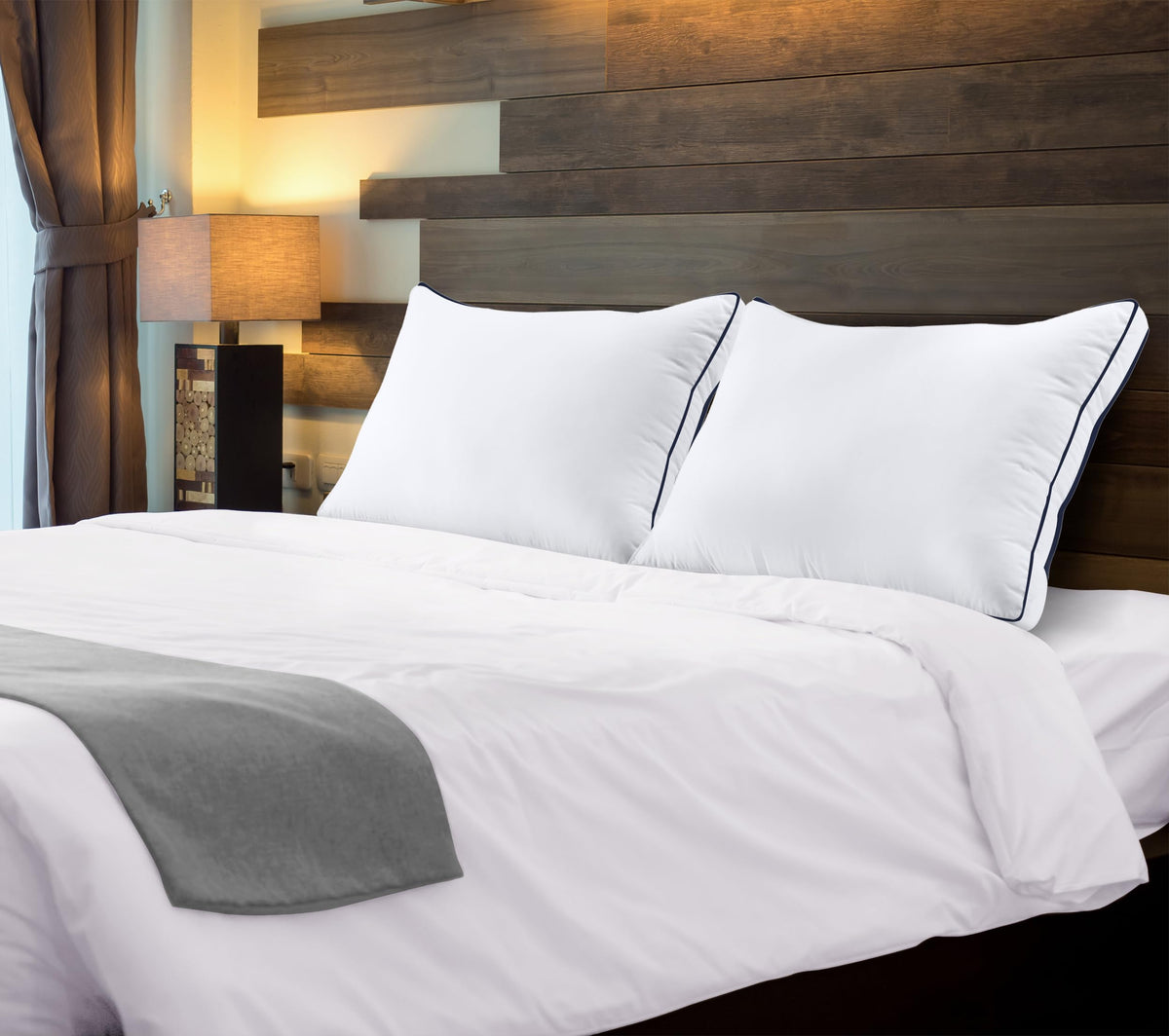 Utopia Bedding Gusseted Bed Pillows, Queen, Navy Hem, Set of 2