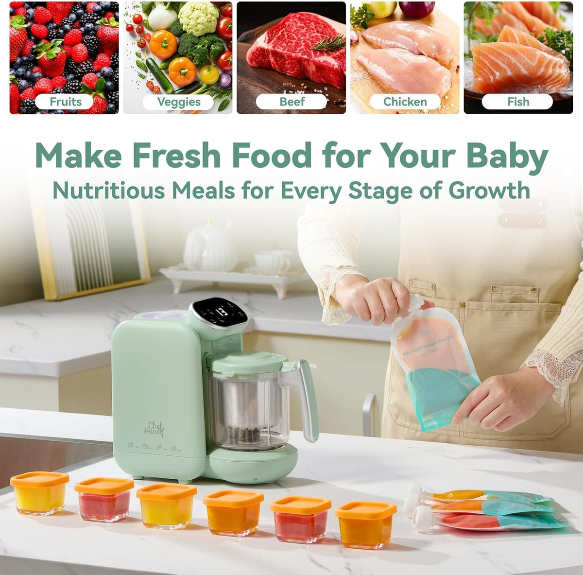 Chefhandy 5-in-1 Baby Food Maker with Steam Basket, Green