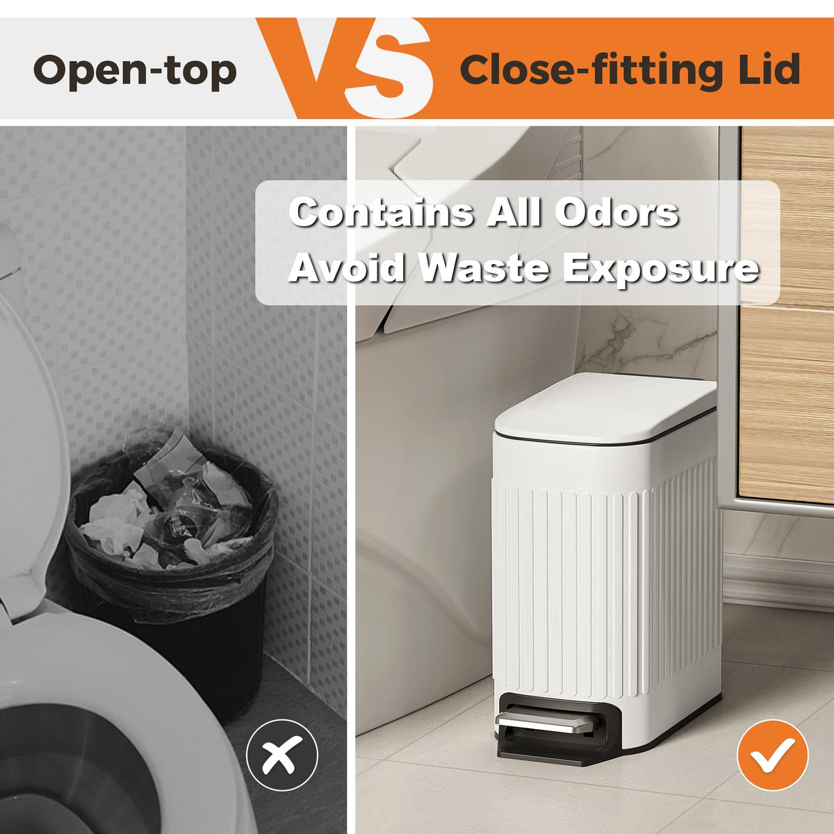 TrashAid Slim Bathroom Trash Can with Soft Close Lid, 6 Liter, White