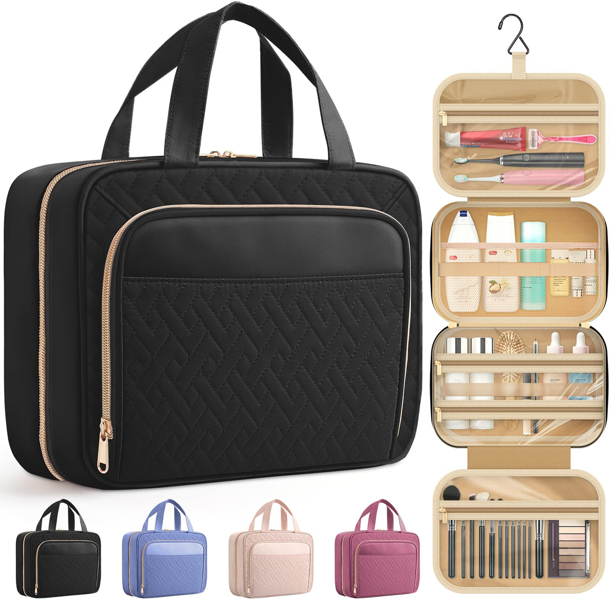 HOTOR Hanging Travel Toiletry Bag, Waterproof, Black, Medium