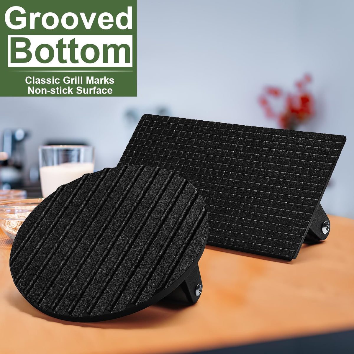 EWFEN Cast Iron Burger Press with Wood Handle, 7" Round and Rectangle