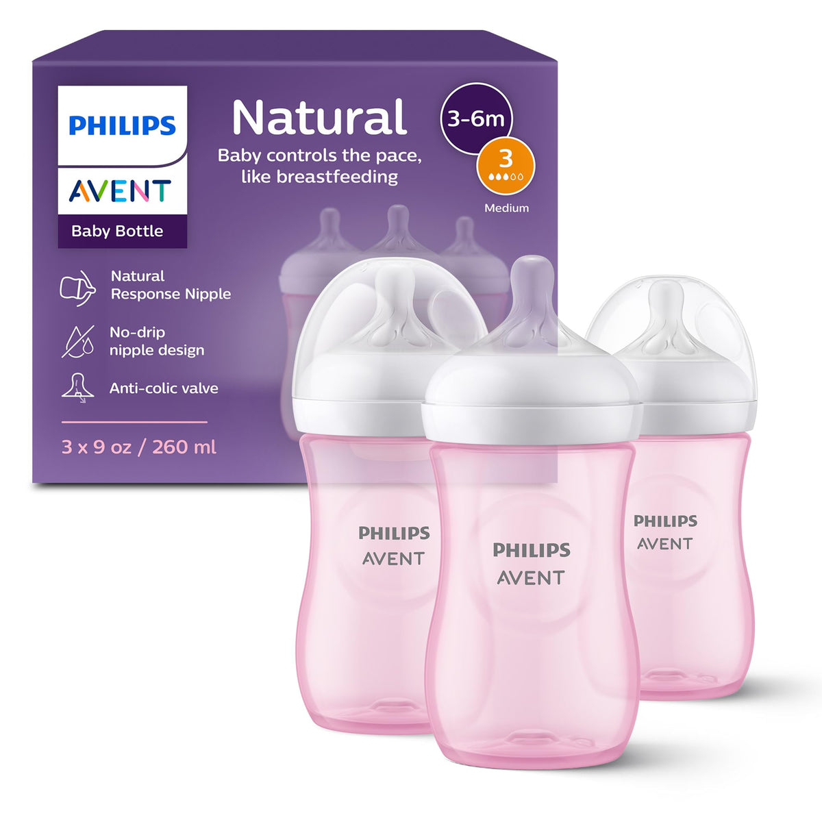 Philips Avent Natural Baby Bottles, Medium Flow, 9 oz, 3-Pack