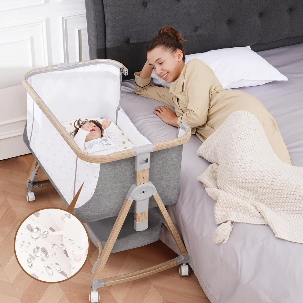 3-in-1 Bedside Sleeper Baby Bassinet with Wheels, Grey
