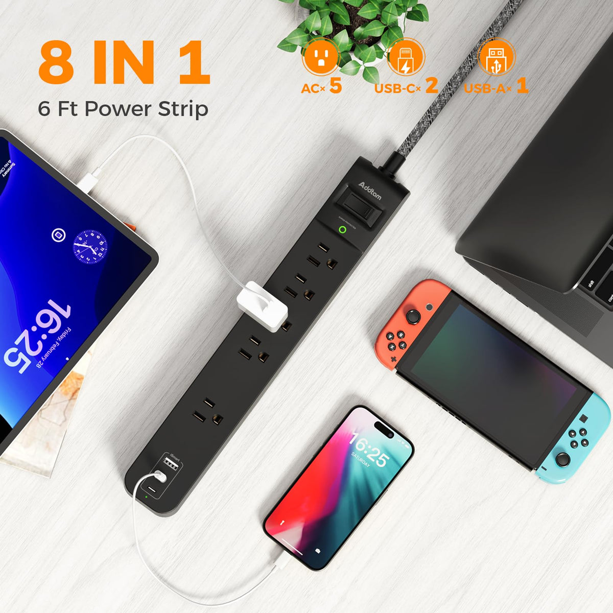 Power Bar Surge Protector with 5 Outlets and 3 USB Ports, 2 Pack