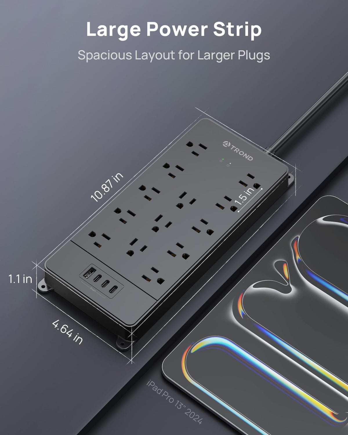 TROND 13-Outlet Surge Protector Power Bar with USB C, 4000J, Black