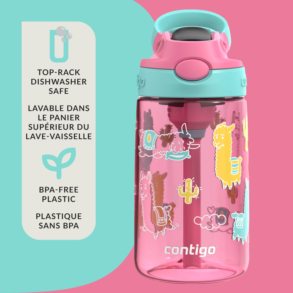 Contigo Kids Aubrey Straw Water Bottle, 14 oz, Azalea Jade Llama