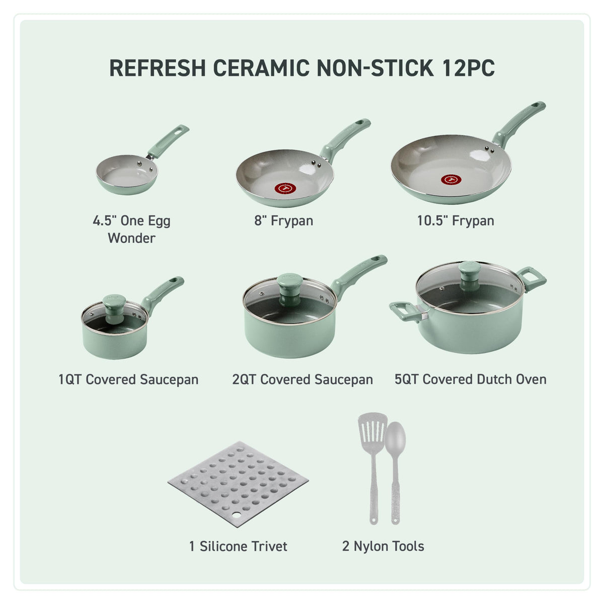 T-Fal Refresh Ceramic Nonstick Cookware Set, 12-Piece, Mint Green