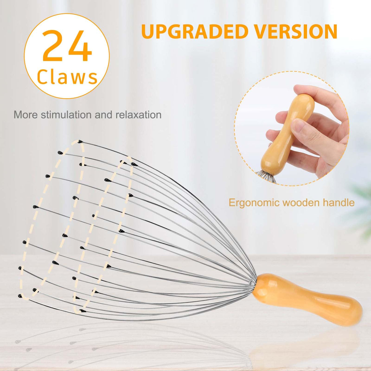 Freatech 24 Fingers Head Massager Scalp Scratcher, Wooden Handle
