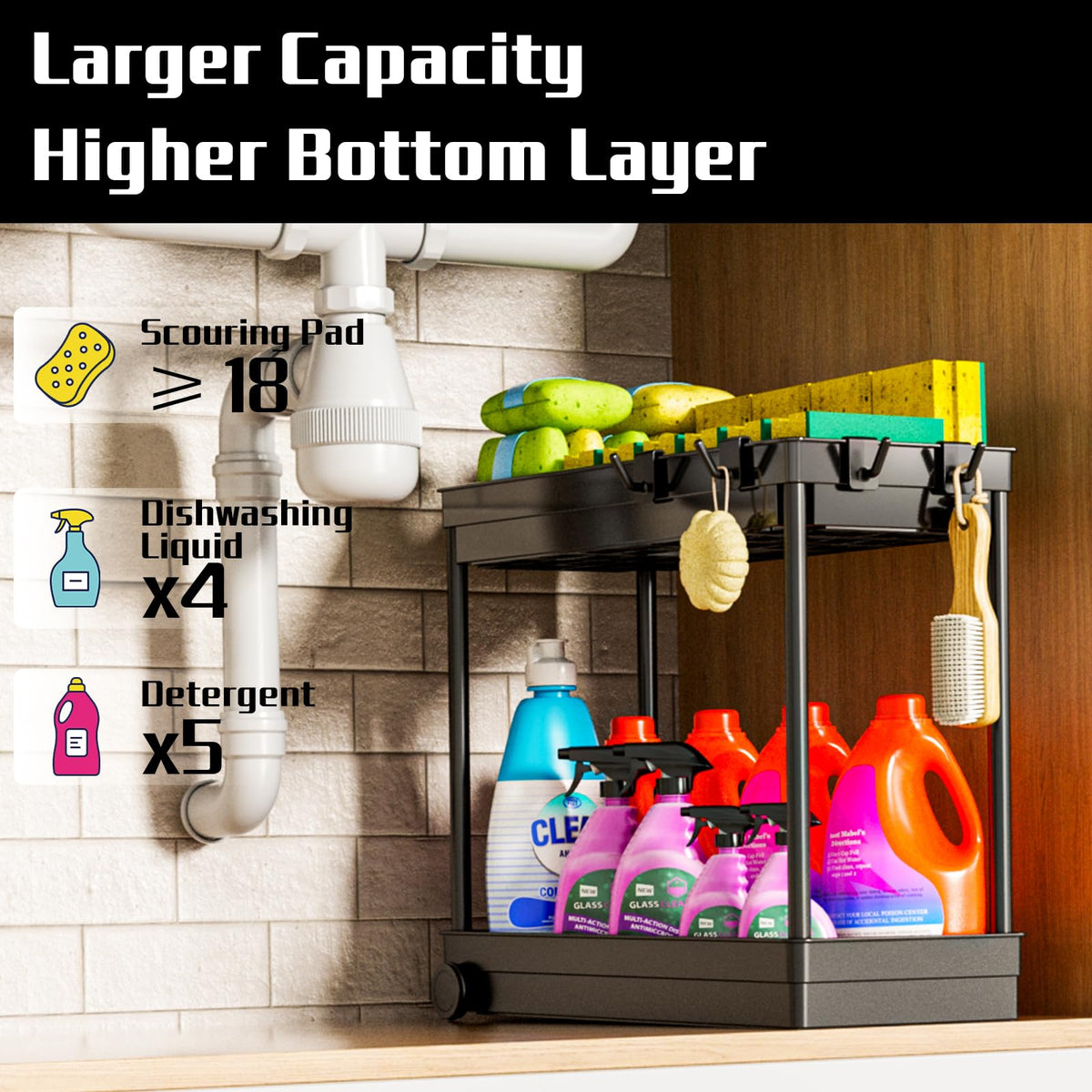 Cicilyna 2-Tier Under Sink Organizer with Hook, Black, 2 Pack