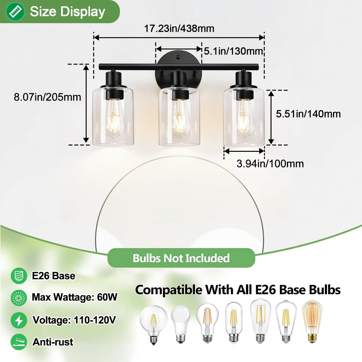 3-Light Black Bathroom Vanity Light with Clear Glass
