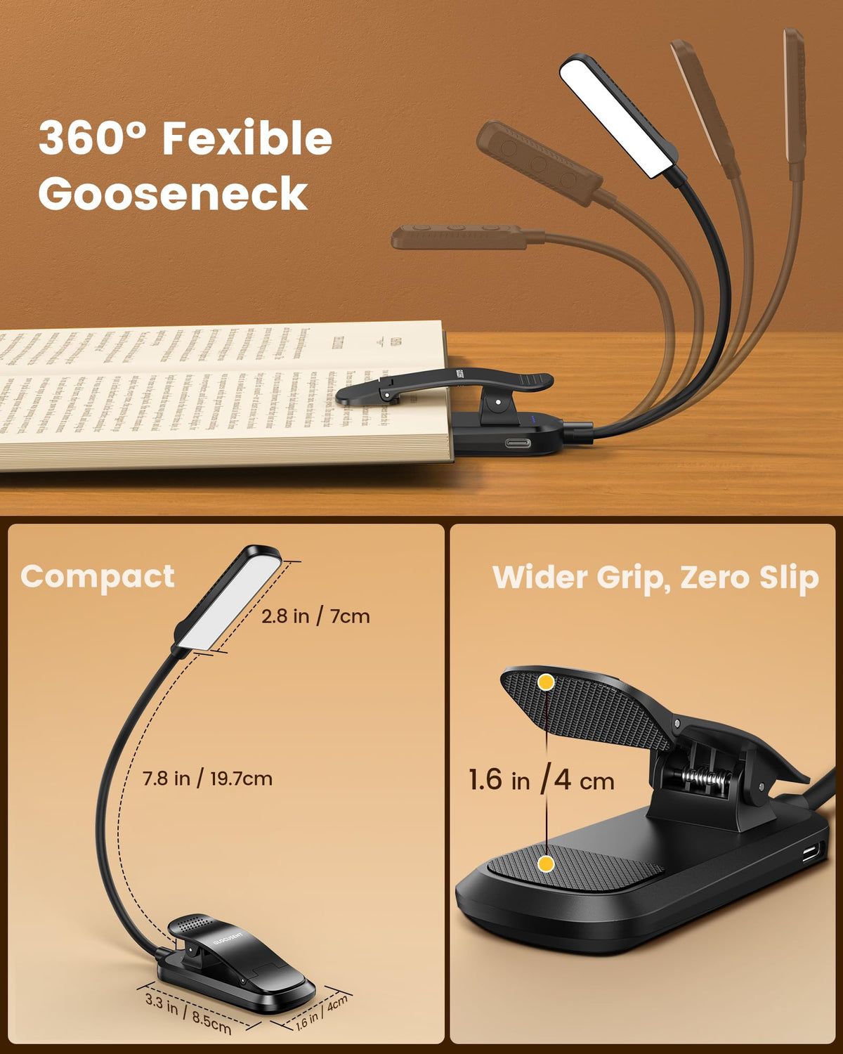 Glocusent 13 LED Clip-On Book Light, 3 Amber Colors