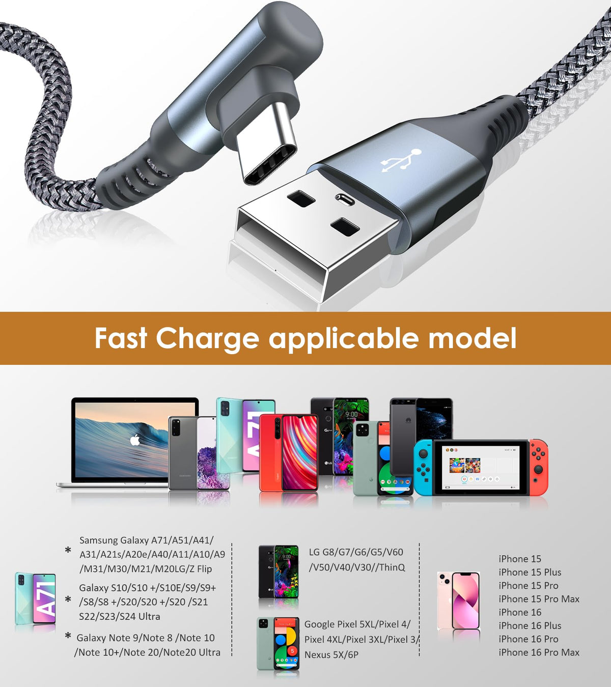 AviBrex Right Angle USB C Charging Cable, 6FT, 2 Pack