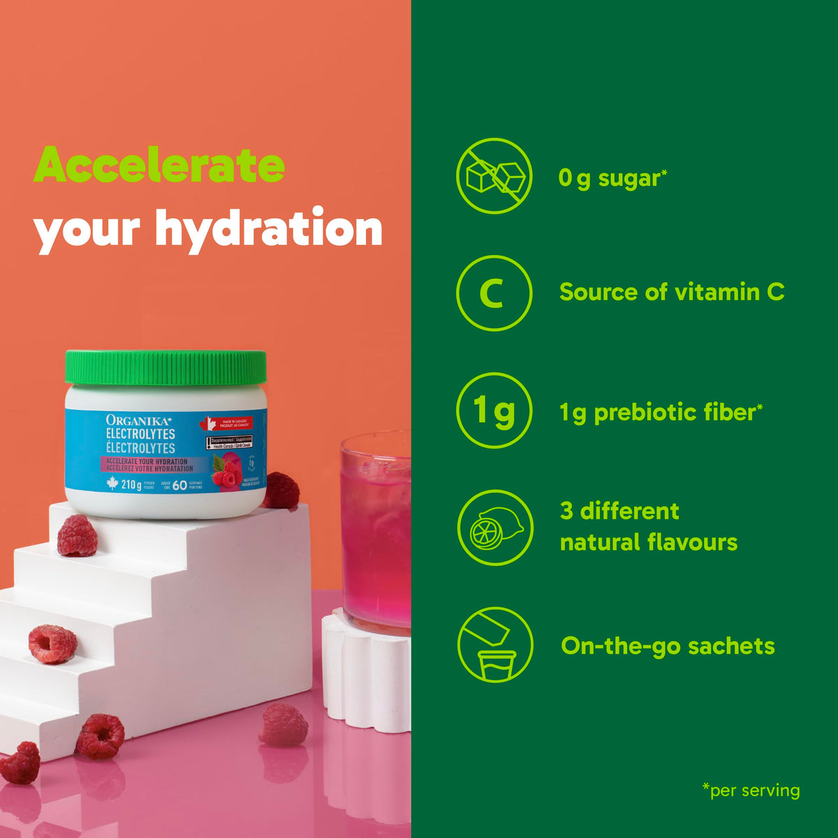 Organika Electrolytes Powder, Wild Raspberry, 210 g