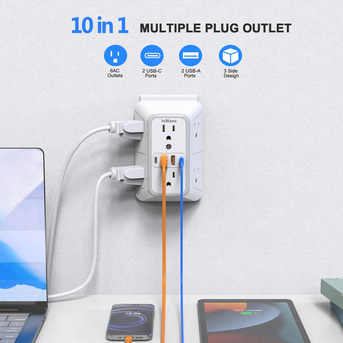 Outlet Extender Surge Protector, 6 Outlet and 4 USB, 2 Pack, White