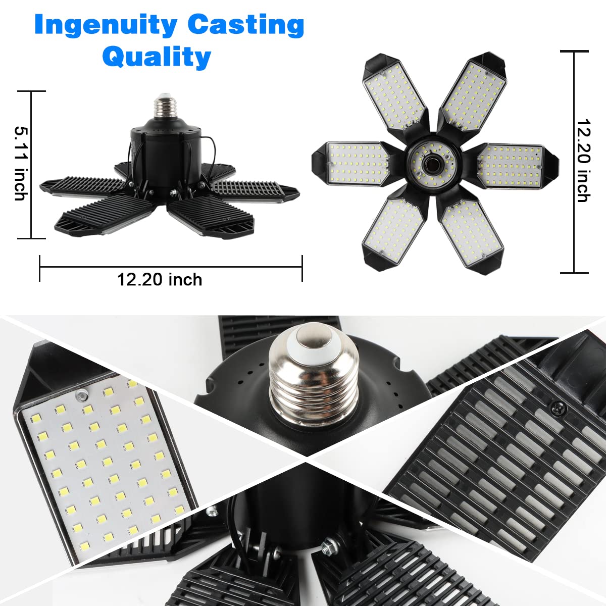 POLARPRA LED Garage Ceiling Lights with 6 Panels, 2-Pack